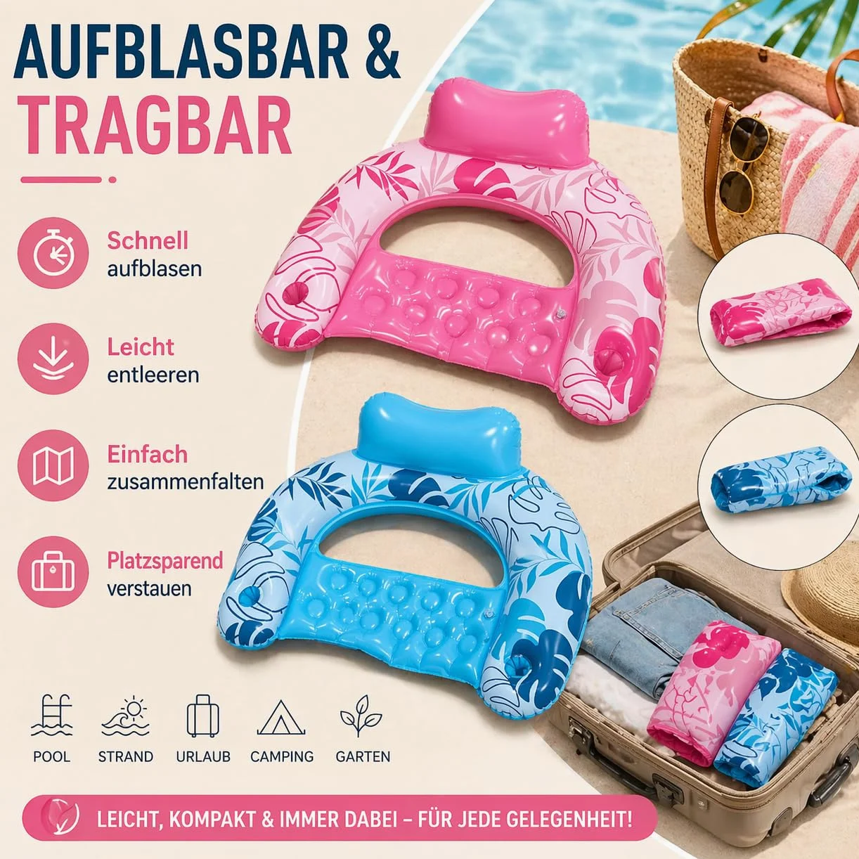 Colchón de aire para piscina, juguete de agua para adultos - Sillón portavasos | Hamaca hinchable para piscina, 2 unidades, color azul y rosa