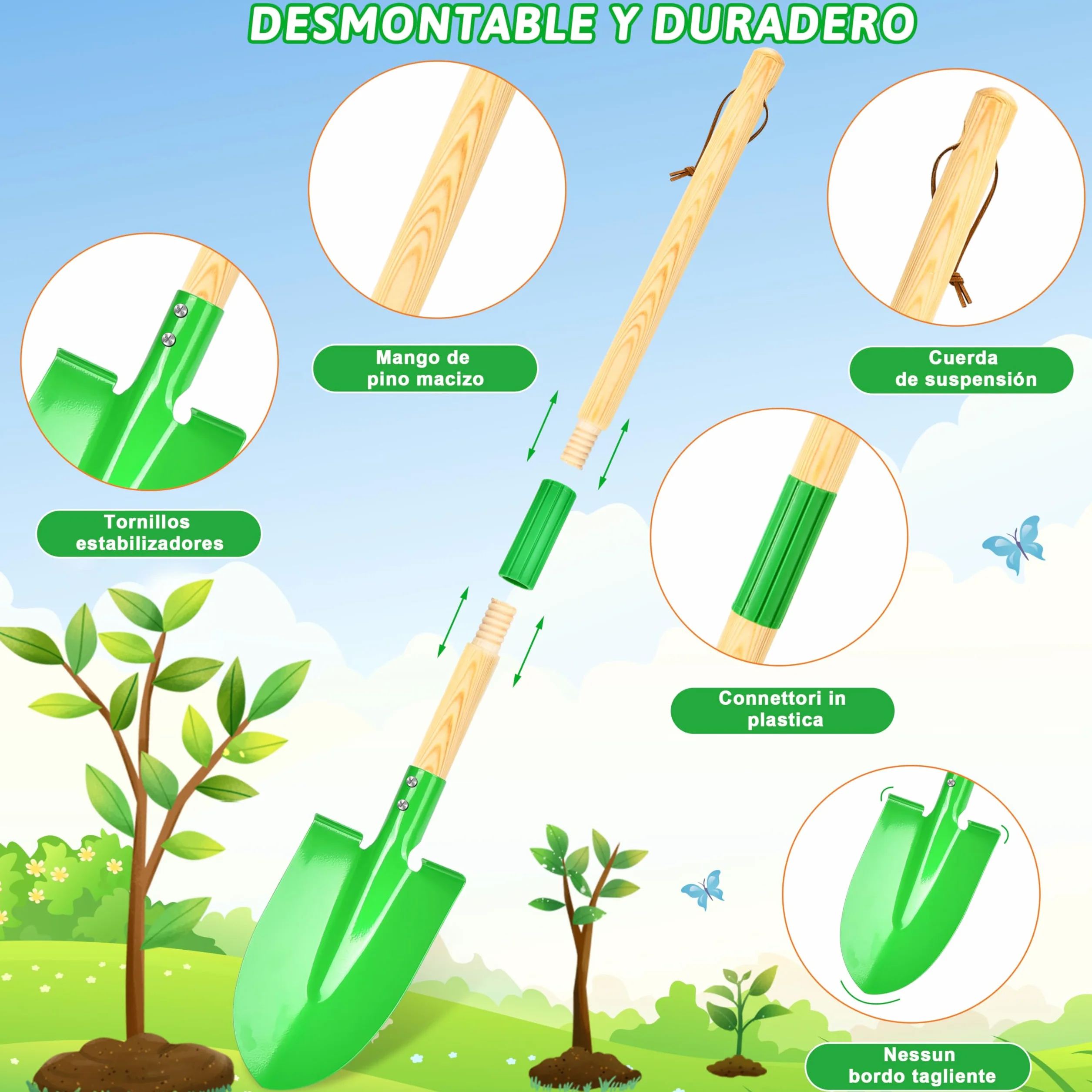 IEEILULU Juego de herramientas de jardín para niños, herramientas de jardín para niños, de madera, 7 piezas, juguete de jardín extraíble con delantal regadera, juguete de jardín al aire libre para