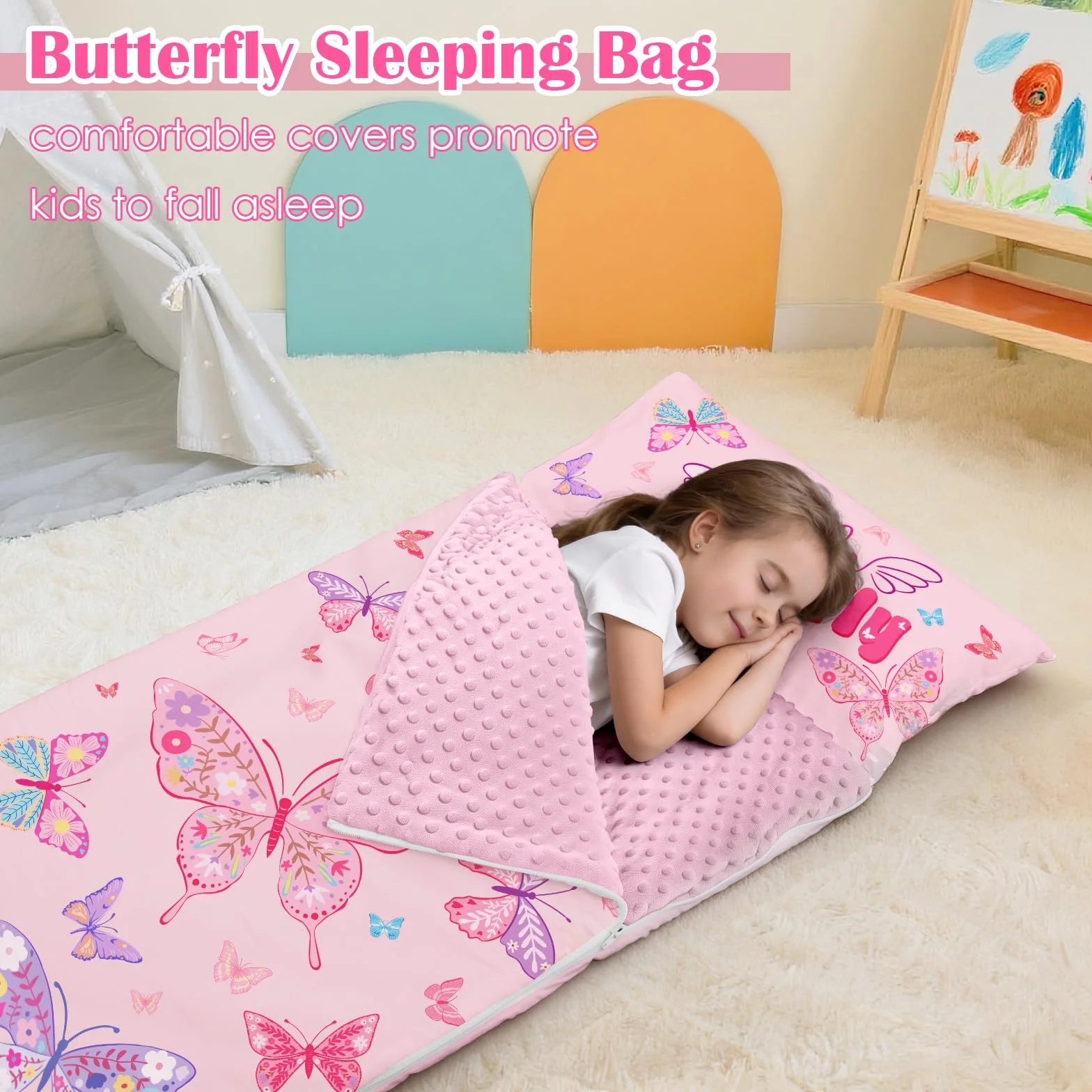 decalsweet Saco de Dormir Infantil con Almohada Extraíble, Cálida Plegable Alfombrilla de Siesta para Niños y Niñas, Bolsa de Dormir con Cremallera para Camping Siesta, 150×60cm