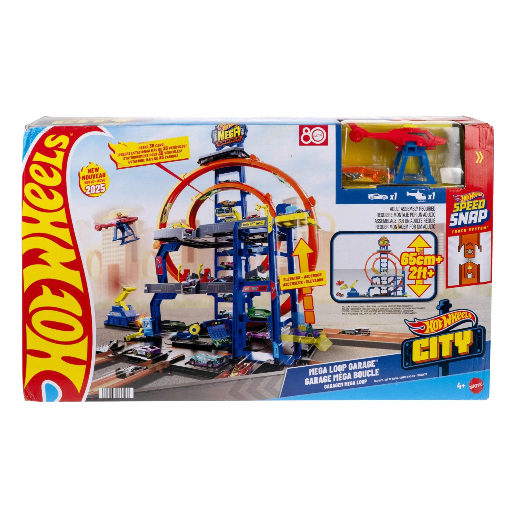 Hot Wheels Conjunto de Pista con helicóptero y Coche metálico, Tres Niveles de Juego, Dos loopings, Almacenamiento para 37 Coches a Escala 1:64 y adaptadores Speed Snap, JLC05