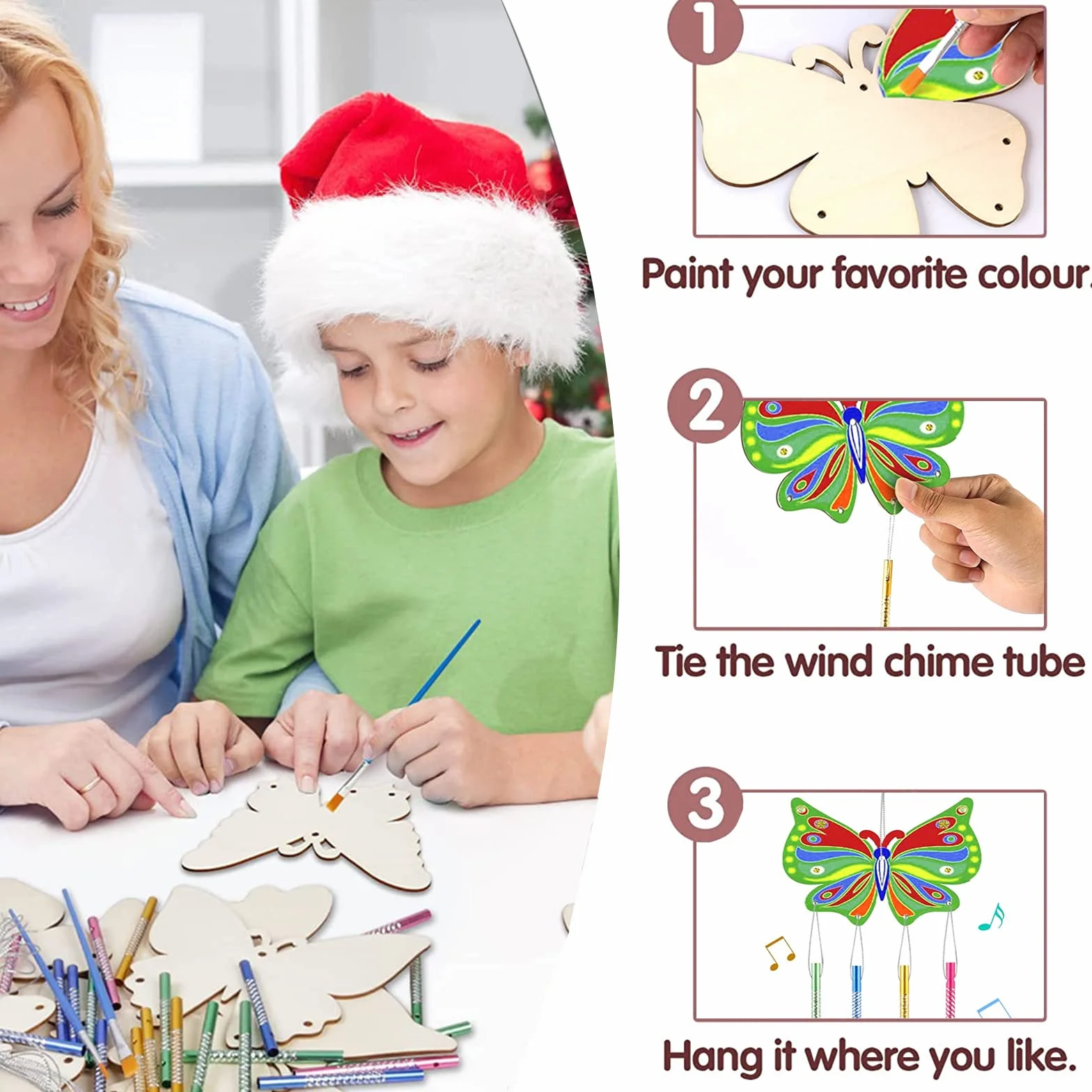 Juego de 8 piezas de carillón de viento de mariposas, juego de manualidades para niños, mariposas, madera, cumpleaños, manualidades, juegos creativos, discos de madera con 2 pinceles de pintura