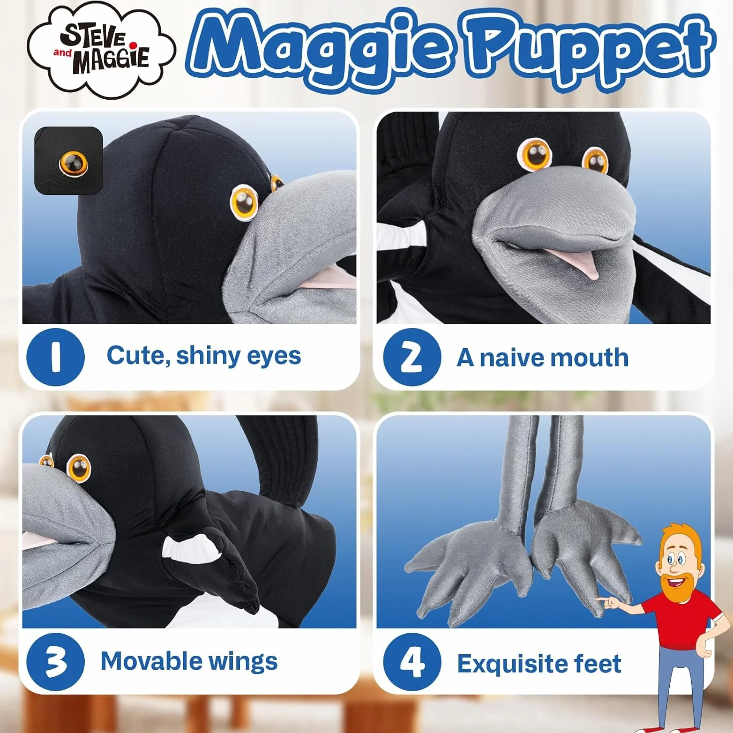 Muñeco de peluche Steve y Maggie – Marioneta de mano Maggie la Urraca para niños a partir de 1 año, suave marioneta de pájaro para juegos de rol, canciones infantiles y aprendizaje (PEQUEÑO)