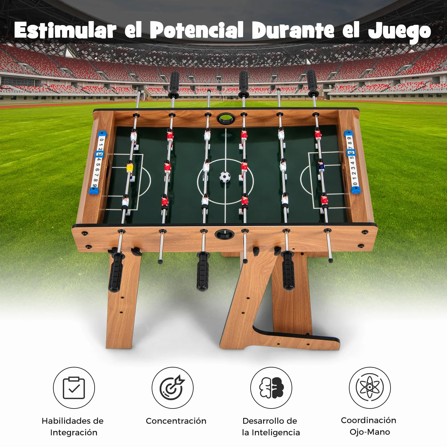 RELAX4LIFE Futbolín Plegable de Madera con Patas, 6 Asas, 18 Jugadores, 2 Balones y 2 Marcadores, Futbolín para Niños y Adultos, Juegos de Mesa para Dormitorio, Bar, Salón, Fiestas, 36x69x71cm