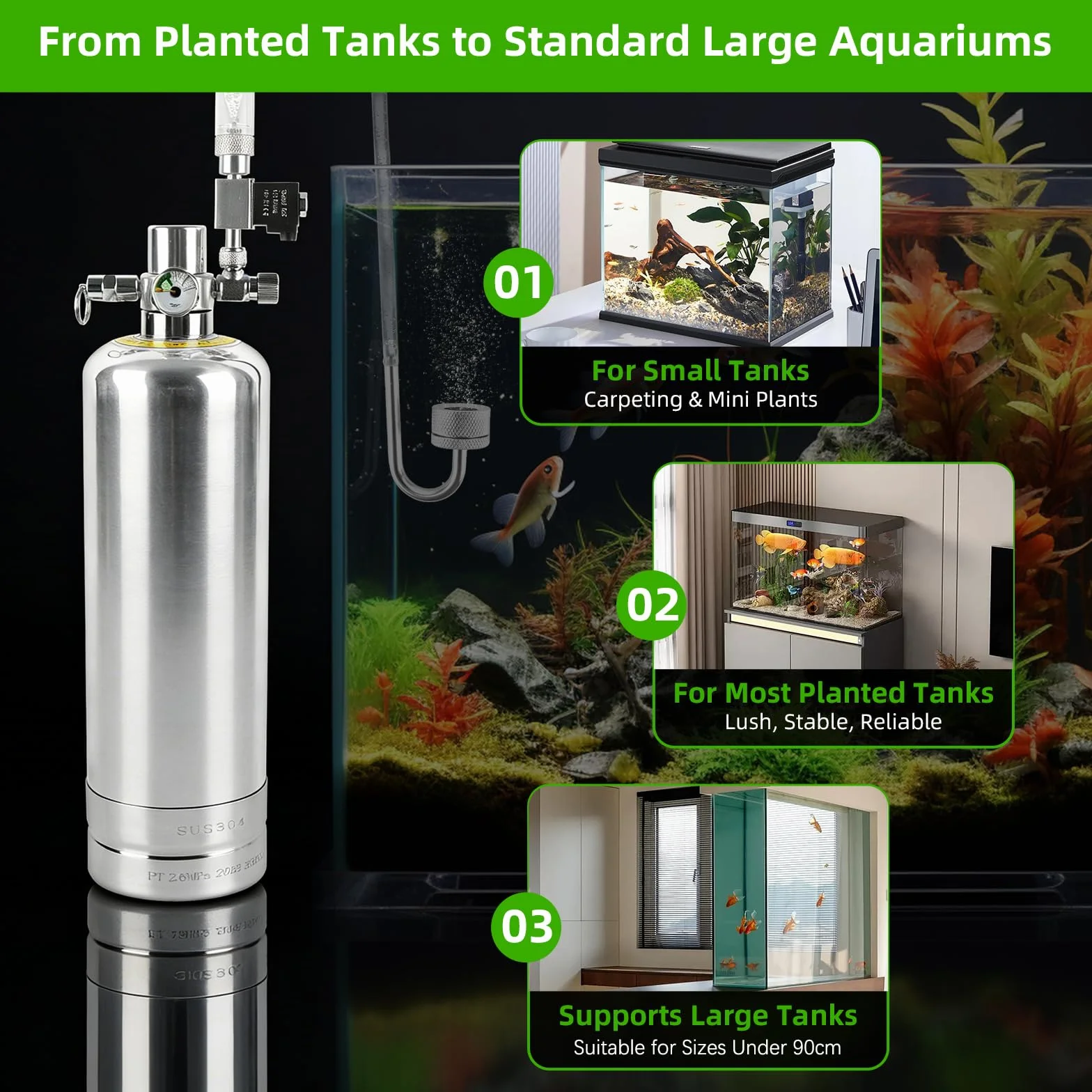 Kit Generador de CO2 para Acuario, Botella 2L Acero Inoxidable con Electroválvula y Contador de Burbujas
