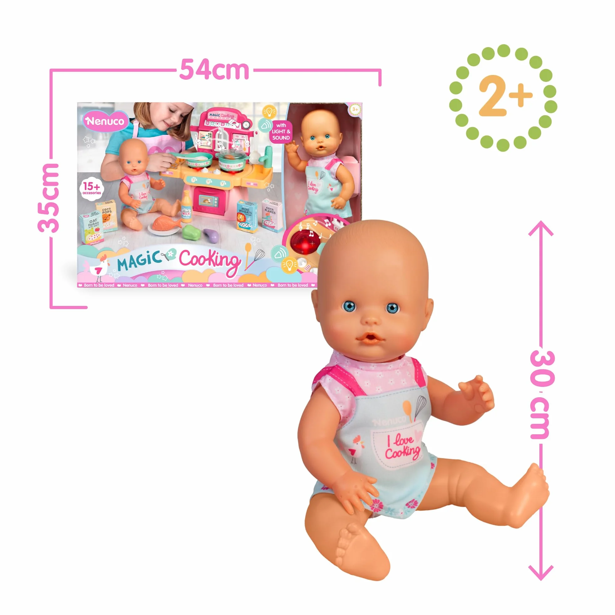Nenuco - Cocinita Mágica, Muñeco de 30 cm con Cuerpo Duro, Incluye +10 Accesorios para Cocinar y Emplatar, Cocinita con Luces y Sonidos de Hervir y Freír, Delantal Personalizado, Famosa (NFNE3000)