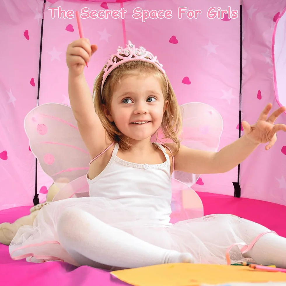 HOTUT Tienda para Niños, Tienda de Campaña Infantil con Leds Cadena, Tienda de Campaña de Princesa con 10 Pegatinas de Tatuajes, Carpa Infantil Plegable para Juegos de Interior y Exterior - Rosa