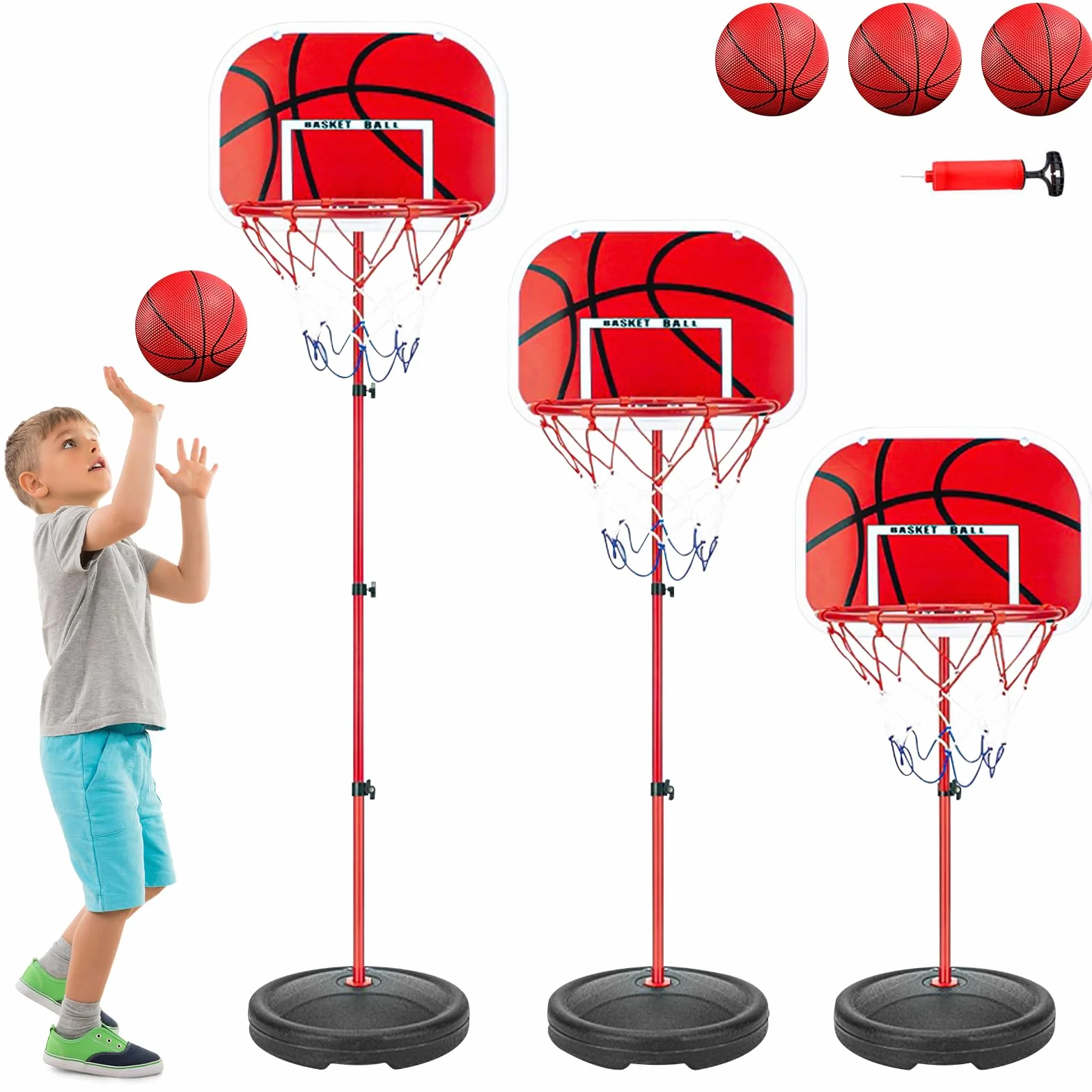 Canasta Baloncesto Infantil,Aro de Baloncesto para Niños Incluir 3 Bolas,2Red,Bomba,Altura Ajustable de 50 a 150 cm,Aro de Baloncesto para Interior y Exterior para Niños de 2 a 6 Años