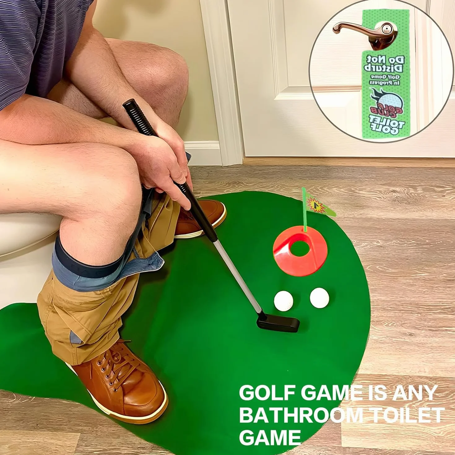 Kiuiom Funny Potty Putter,Mini-Golf para Baño,Juegos de Golf para Inodoro,WC Juego de Golf con Palo,2 Pelotas y Colgador para Puerta,Un Regalo Divertido para el Inodoro Que es Adecuado para Regalar