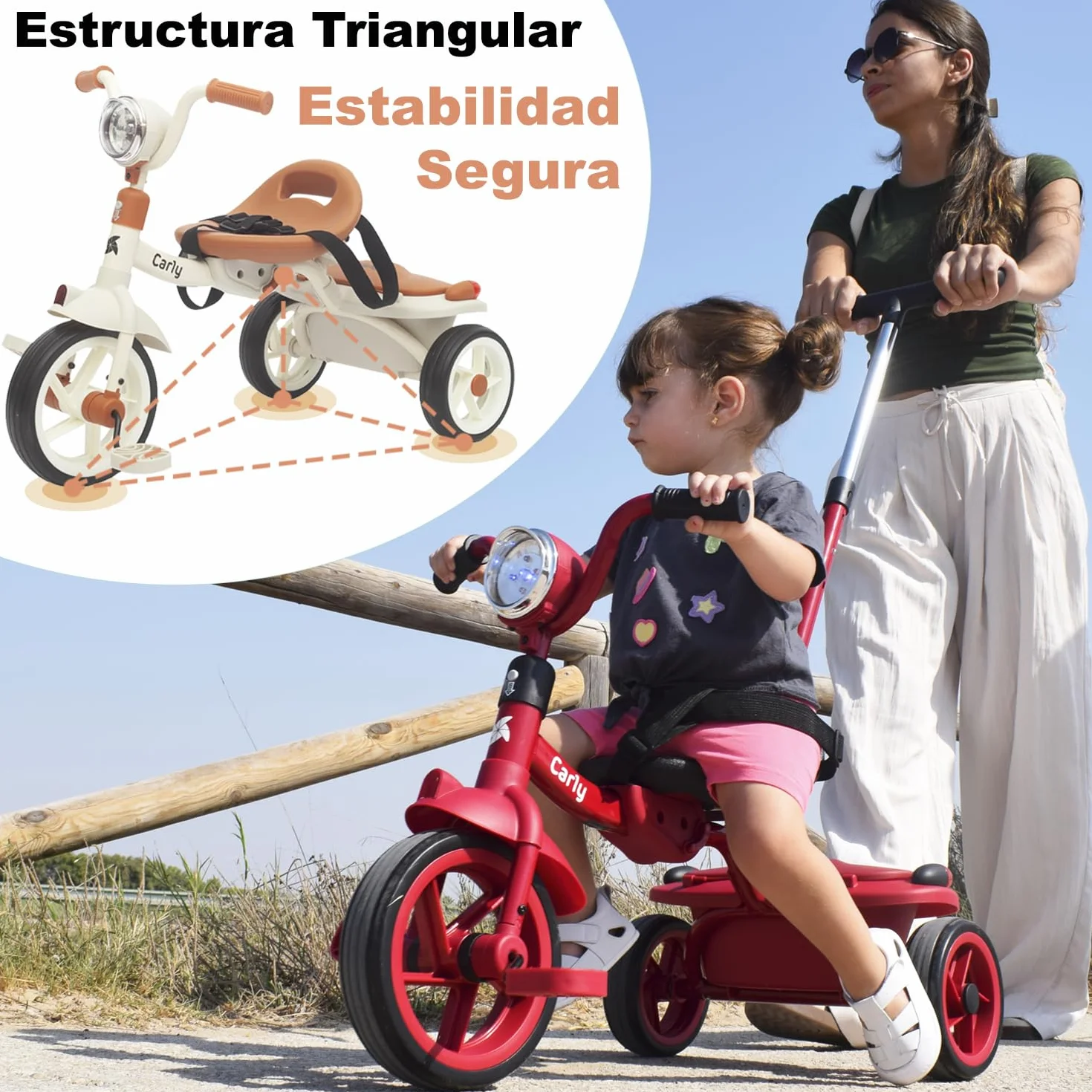 Twinly Triciclo Evolutivo Plegable Carly, Blanco, 1-5 Años | Ligero y Compacto, Manillar con Luz y Sonido, Cesta Incluida, Barra de Empuje Ajustable