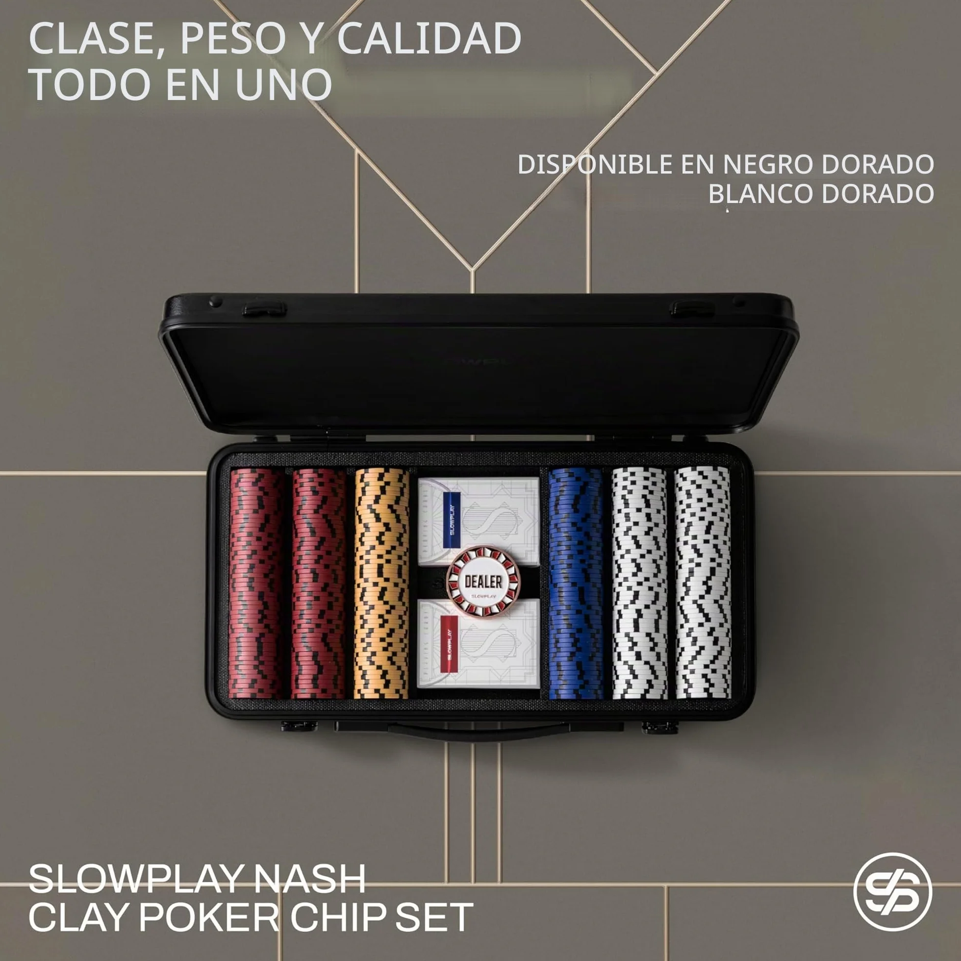 SLOWPLAY Set de póker Nash | Maletin Poker, Chips de Arcilla, 14g | Profesional pokerset con botón del crupier y Cartas de plastico | Black Gold | Full Set-500 fichas de póker numerado