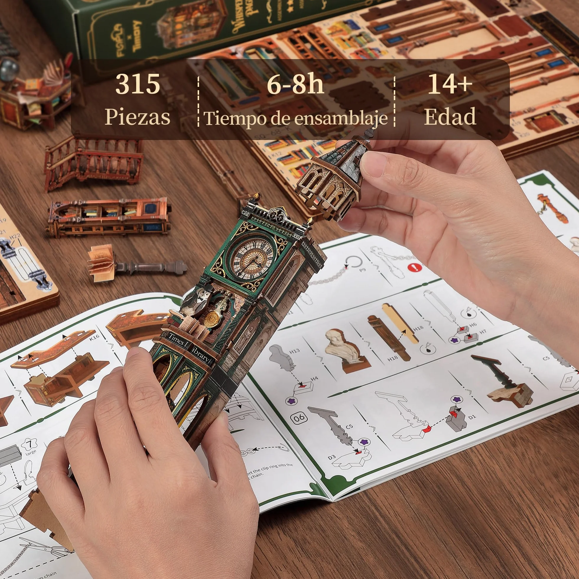 FUNPOLA Magic Library Book Nook Kit – Puzzle 3D de Madera con Espejo Infinito LED – Decoración DIY para estantería