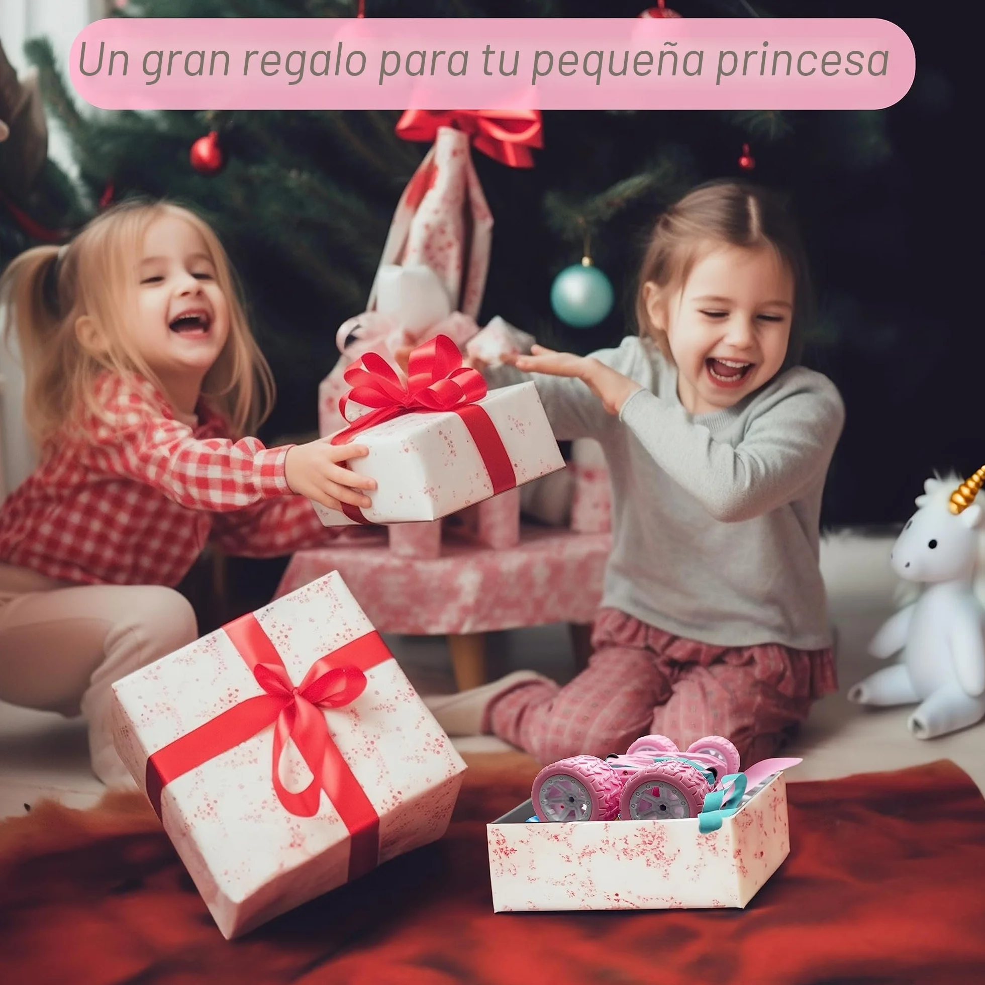 Coche Teledirigido 4WD Unicornio RC 2.4GHz 2 Baterias Rotación 360° Luz para Niños 3-10 años
