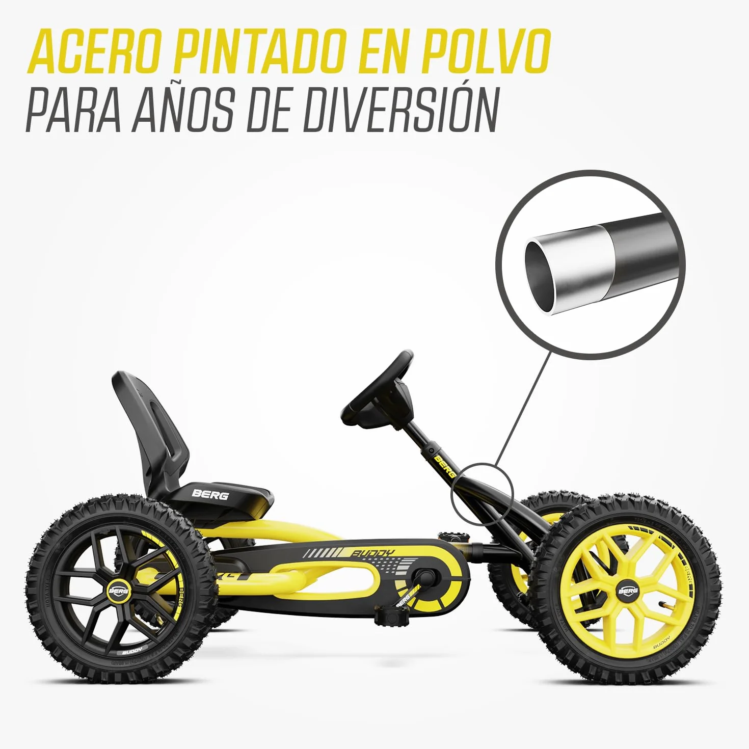 BERG Kart a Pedales Buddy Cross | Amarillo, 3-8 años, cuadro resistente, asiento regulable, volante regulable