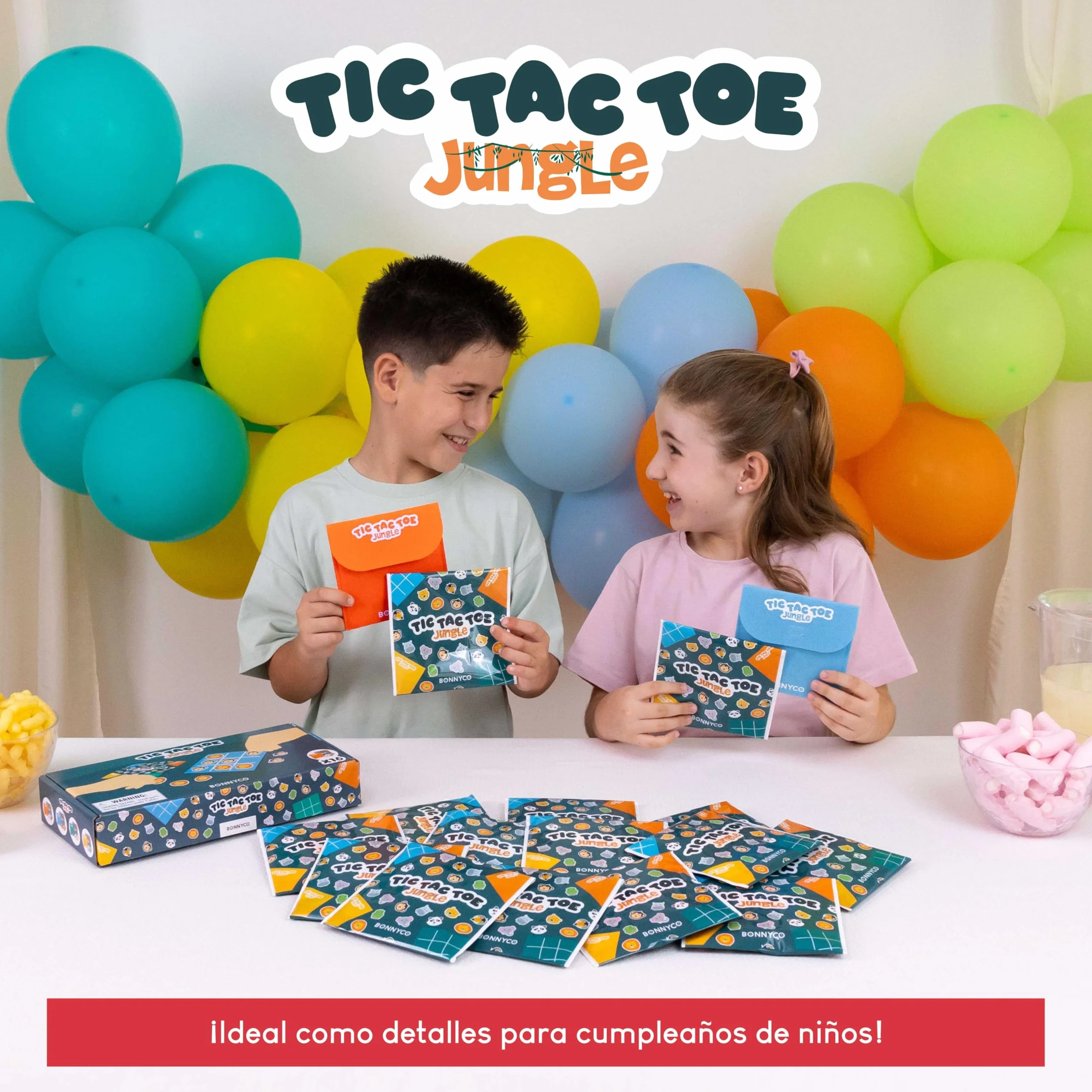 BONNYCO Tres en Raya Niños Animales, Pack 16 Regalos Cumpleaños Colegio, Mini Juegos 3 en Raya
