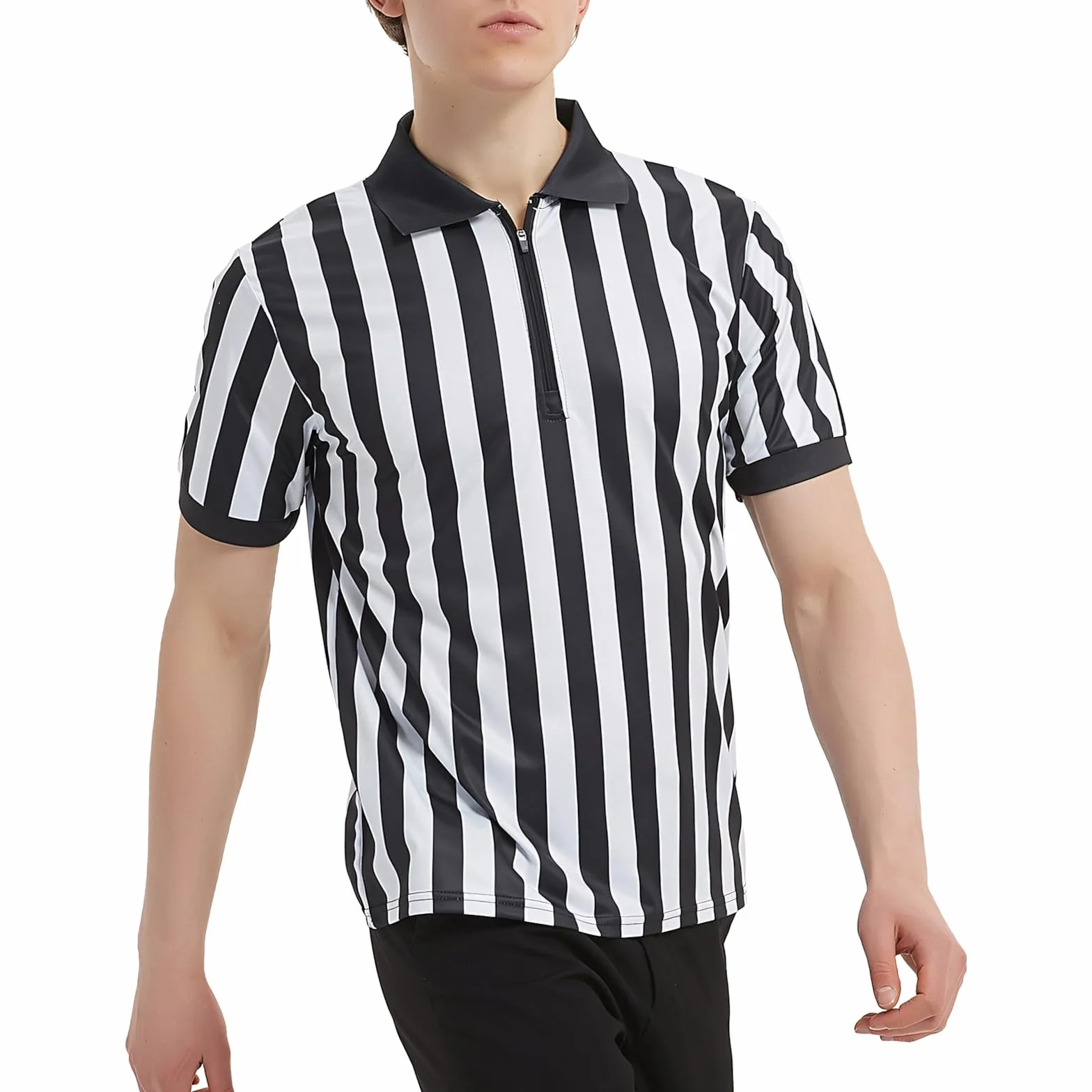TopTie Polo árbitro Manga Corta Camiseta Rayas Negras y Blancas Cremallera 1/4