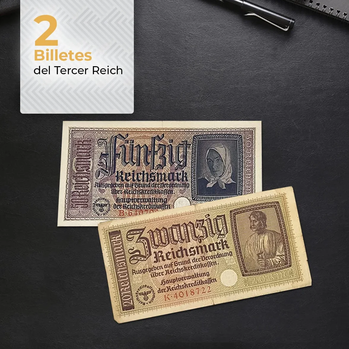 IMPACTO COLECCIONABLES | 2 Billetes Auténticos de la Segunda Guerra Mundial (Invasión del Tercer Reich) | Piezas de Colección Históricas de 20 y 50 Reichsmark con Certificado de Autenticidad