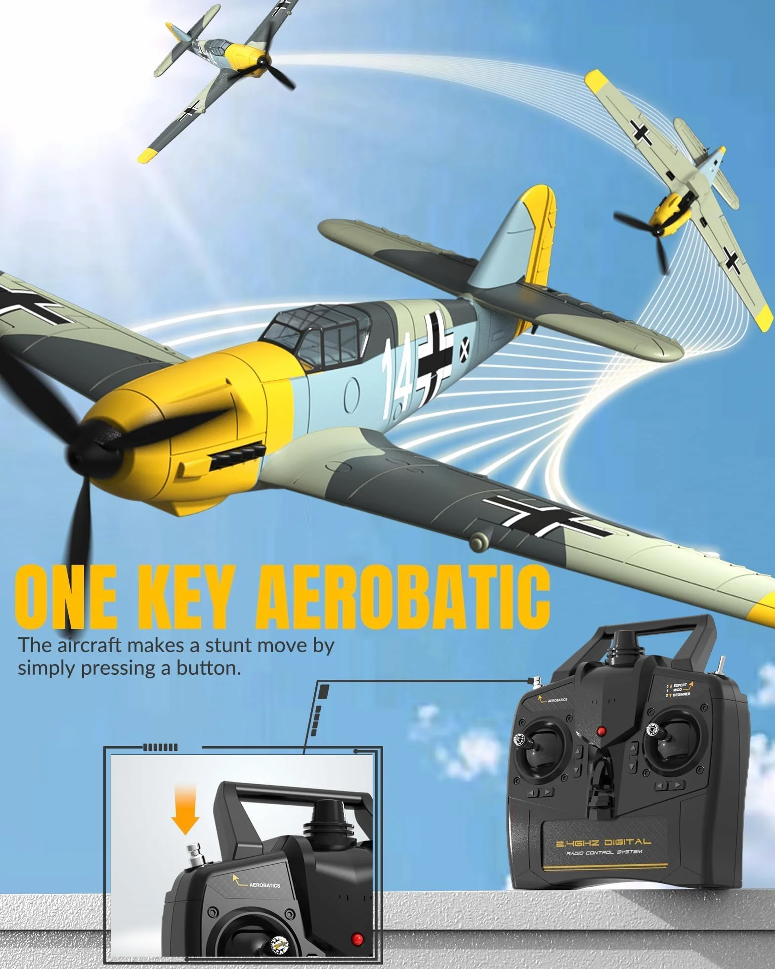 volantexrc Avión RC, Avión de Combate BF109 V2 con Radio Control de 4 Canales RTF, con Alerones, Giroscopio, Acrobacias y 3 Modos para Vuelo Fácil, Aeronave para Hobby para Principiantes y Adultos