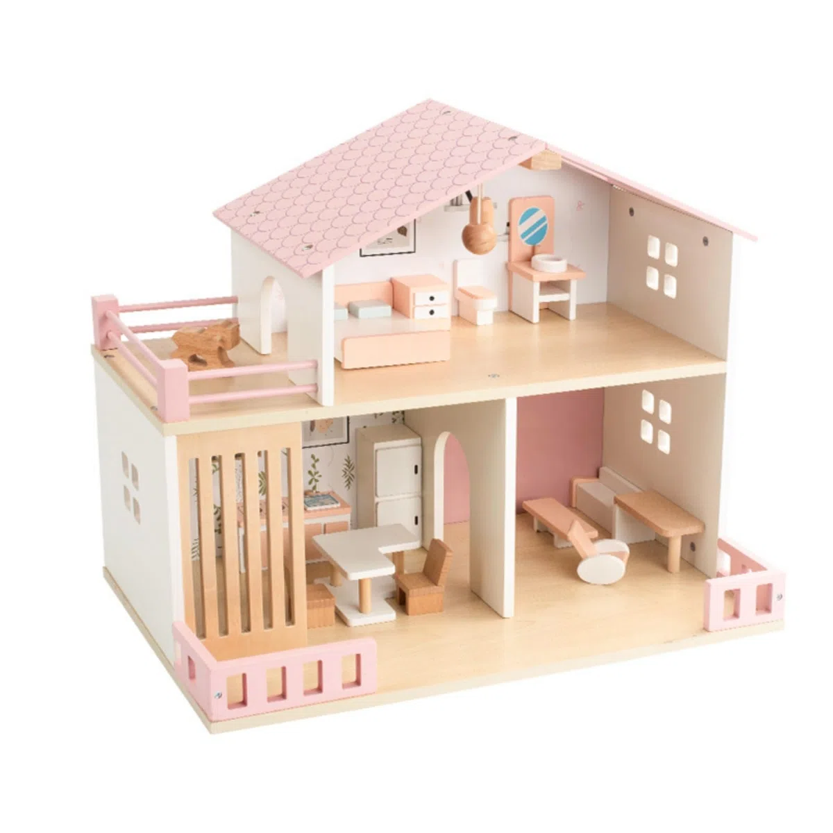 Juego Infantil Pequeña Dos Pisos Casa Muñecas Madera Plegable Rosa Suave para Niños