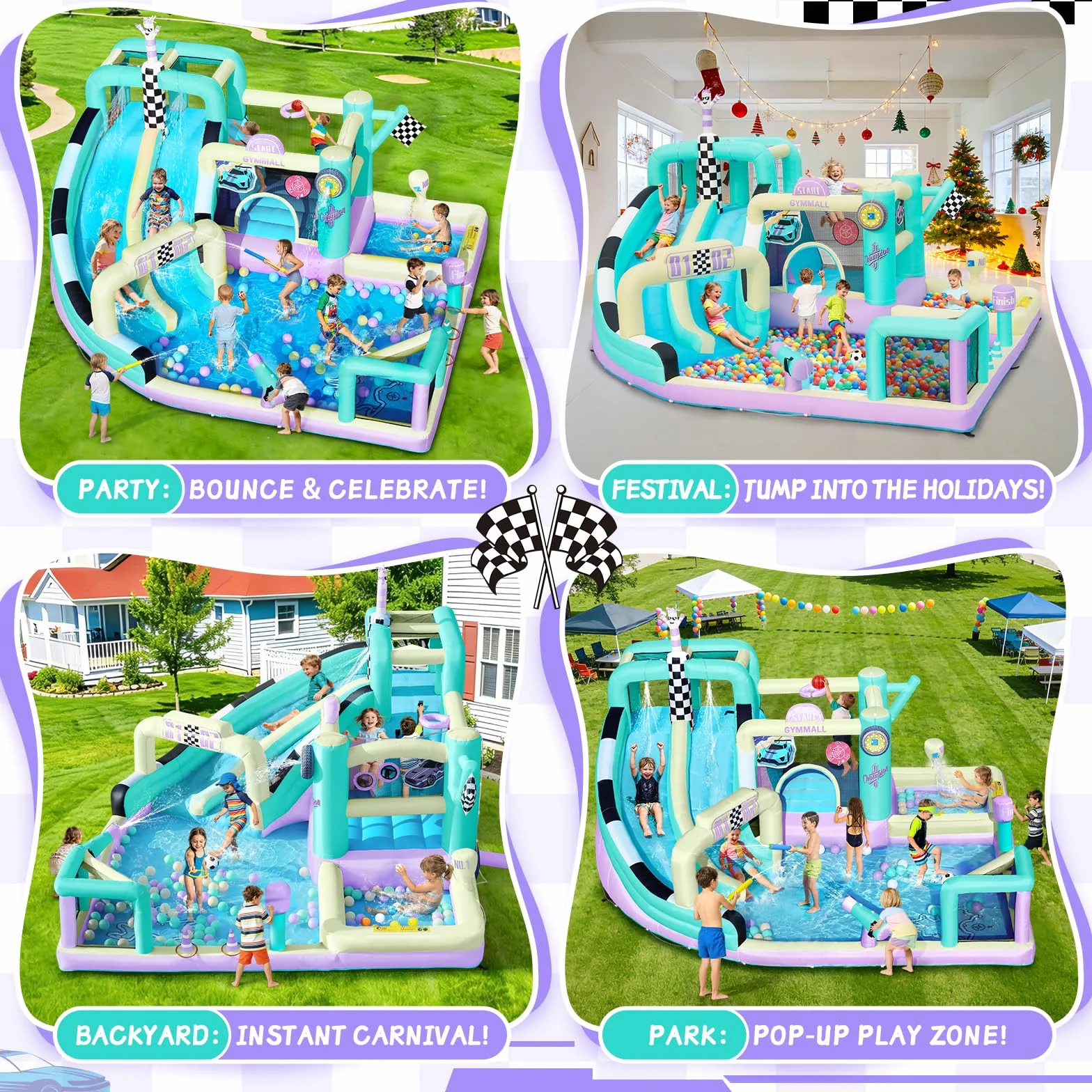 Castillo Inflable de Carreras para Niños, Gran Castillo Inflable 12 en 1 con Soplador de 750W, Doble Tobogán de Agua, Splash Pool, Zona de Salto, Apto para Interiores y Exteriores