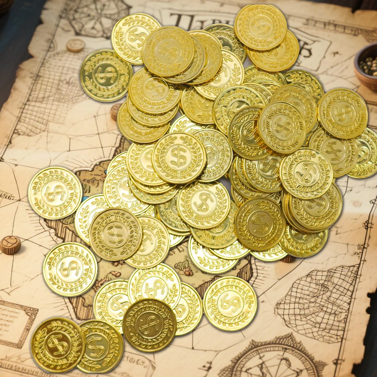 soitzhoc 100 piezas monedas de plastico，dinero de juguete，monedas de oro falsas,monedas juguete，monedas de oro de juguete para la caza del tesoro y los regalos de fiestas