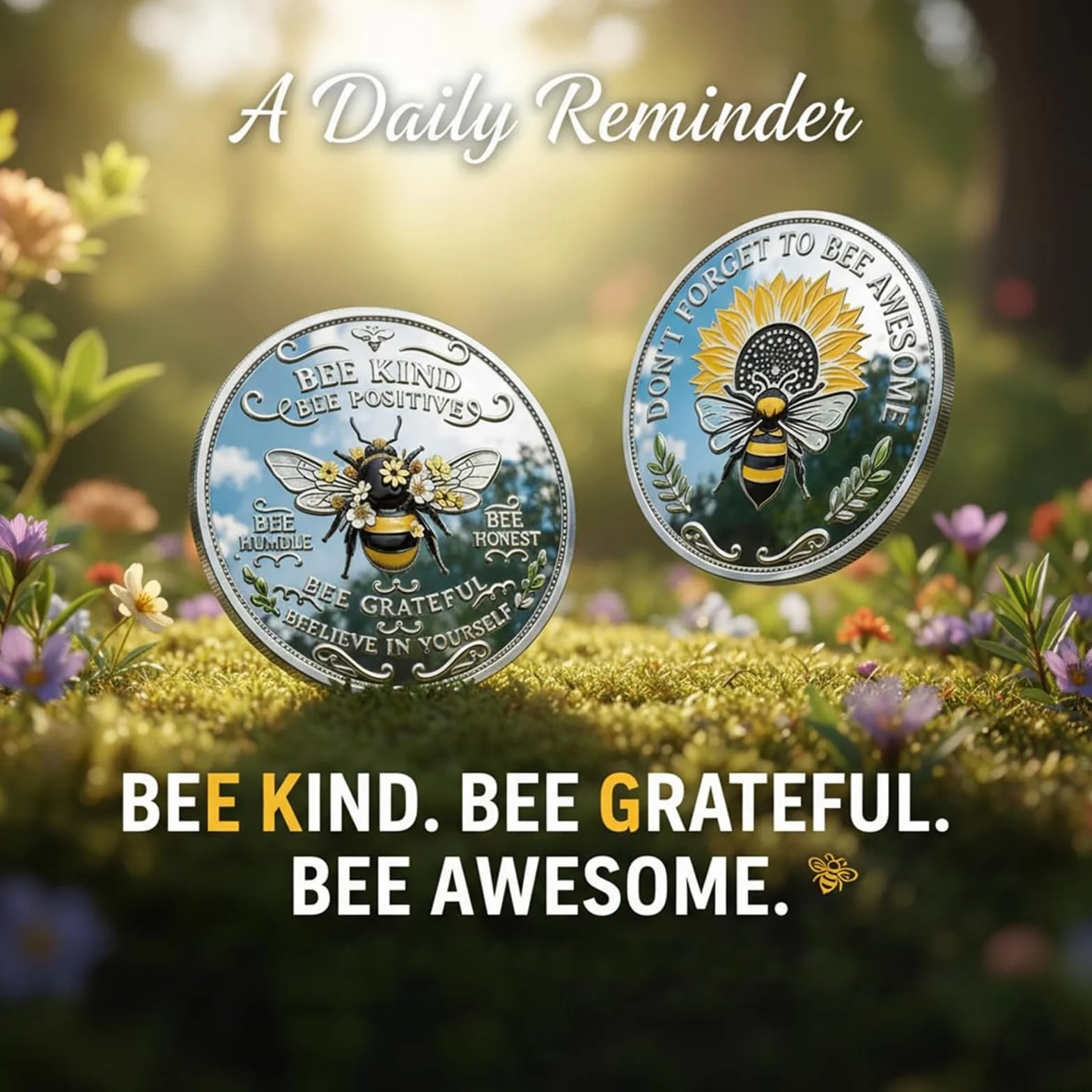 Moneda de positividad tipo abeja, ficha de abeja inspiradora de doble cara con diseño de girasol y laurel, moneda de desafío motivacional para la afirmación diaria (3pcs)