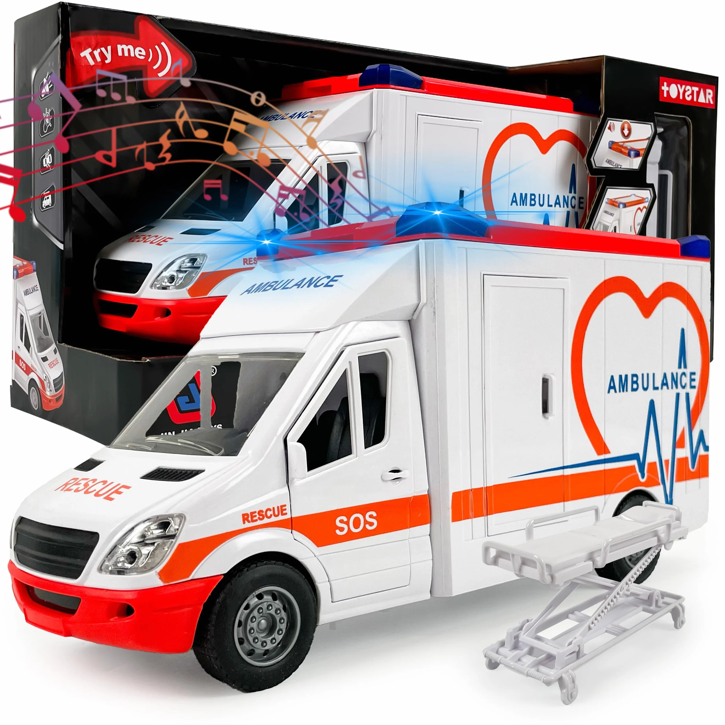 CELMAN Juguete de ambulancia, ambulancia ambulancia con camilla, portón trasero para abrir, luz y sonido, coche de juguete grande para niños a partir de 3, 4, 5, 6, 7, 8 años