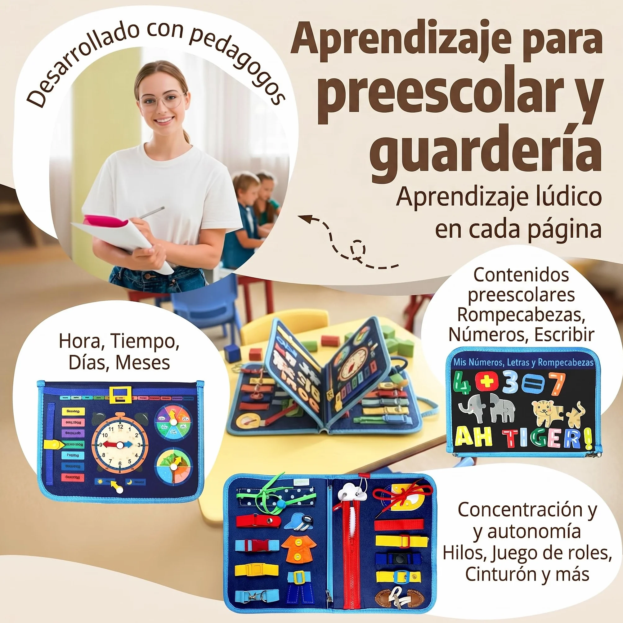 Mallie® Montessori Busy Board en Español para 1 2 3 años con Juego de rol y Marionetas – Busy Board, Libro Montessori 1 Año, Busy Book, Libro Sensorial Bebe 1 Año, Libro Montessori 2 Años