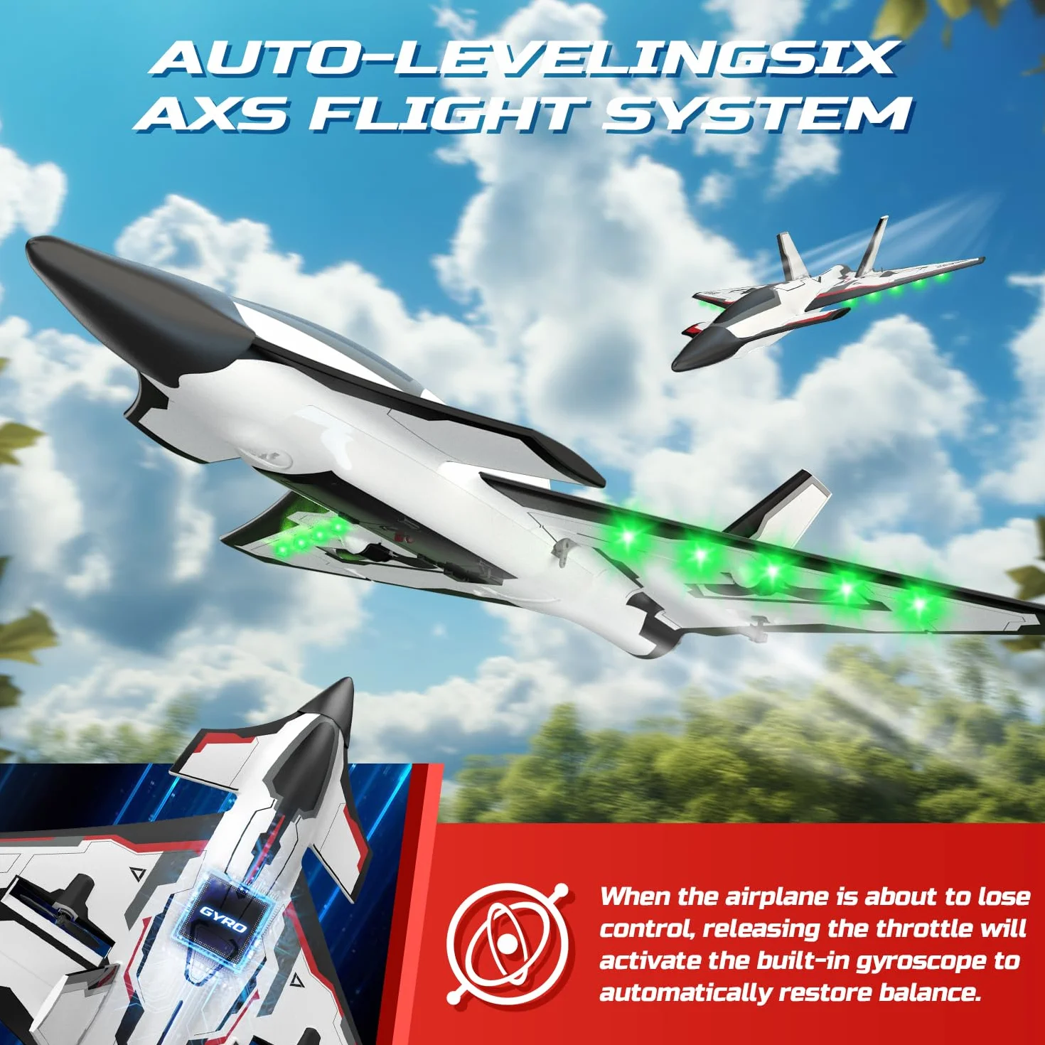 DEERC Avion RC Future a Control Remoto de 4 Canales con Luces LED, fácil Volar, avión acrobático, estabilizador giroscópico de 6 Ejes 2.4GHz, avión Planeador RTF para Adultos, niños y Principiantes.