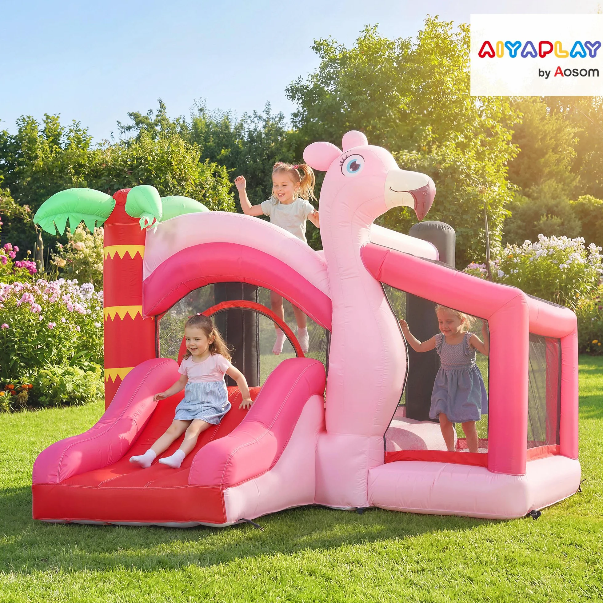 AIYAPLAY Castillo Hinchable para Niños con Soplador, Castillo Hinchable con Tobogán, Cama Elástica, Piscina de Pelotas, Canasta de Baloncesto, Diseño de Flamenco, Interior y Exterior, 255x230x196 cm