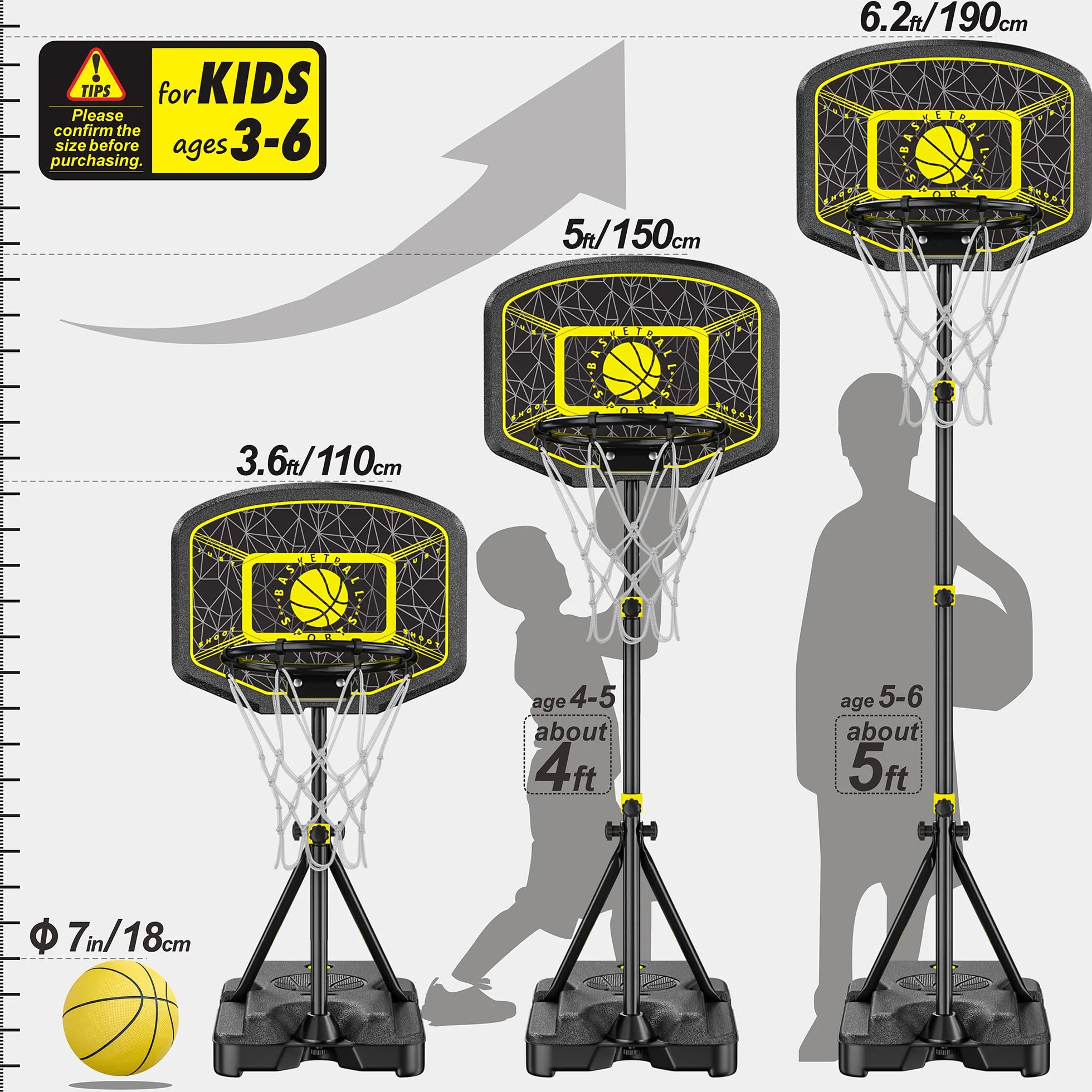 Canasta Baloncesto para Niños Canastas Baloncesto Infantiles Exterior Juego Portátil de Soporte de Baloncesto Ajustable en Altura 110-190cm