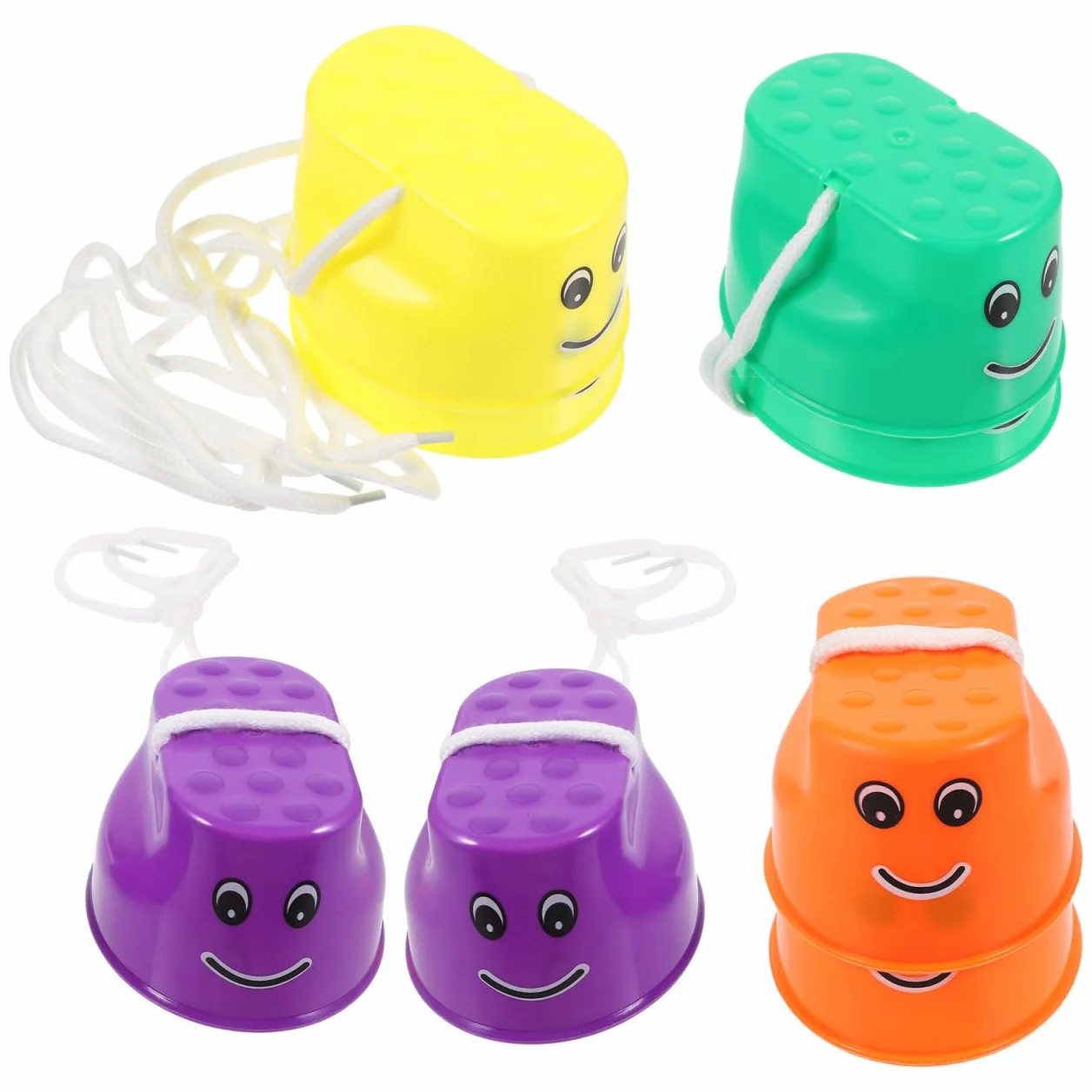Garneck Zancos para Niños De Plástico Reforzado Antideslizantes 4 Pares Colores Surtidos (Amarillo, Verde, Naranja, Morado) Cuerda Ajustable para Juegos Al Aire Libre y Desarrollo Motor