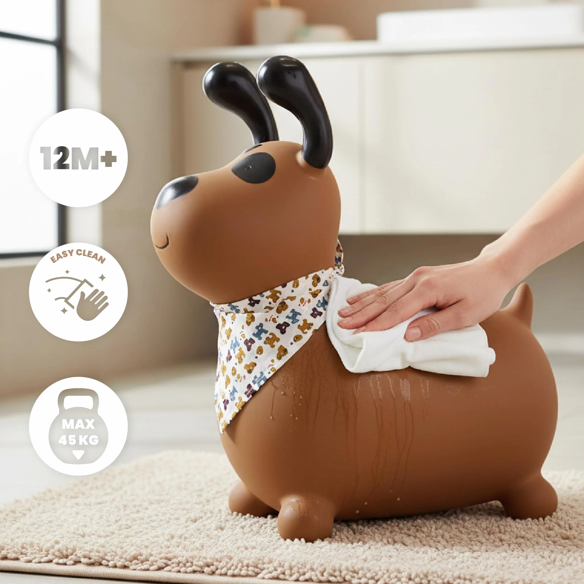 sun baby Saltador Hinchable para Niños hasta 45 Kg sin BPA, de 1 año, Pelotas saltarinas para niños (Perro marrón con Bandana)