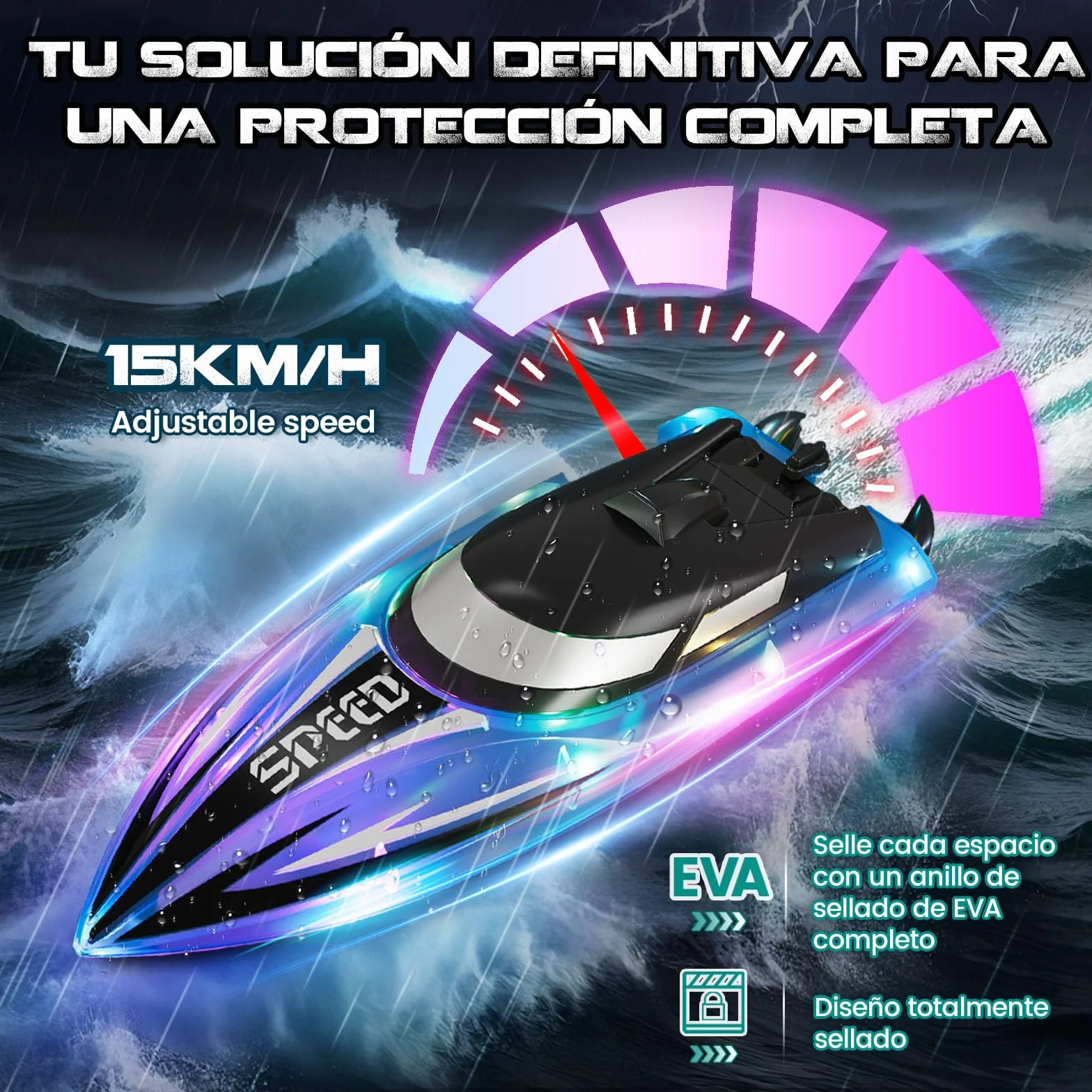 JONRRYIN Barco Teledirigido 2 Piezas, 2.4GHz Barcos Teledirigidos con Luces LED y Alarma de Batería Baja, Barcos RC Regalo para Niños y Adulto (Rojo+Azul)