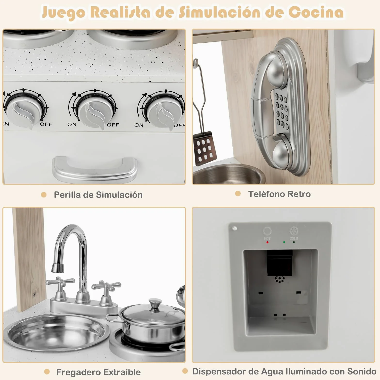 COSTWAY Cocina Juguete de Madera con Teléfono, Cocinita de Madera Infantil con Nevera, Microondas, Fregadero Desmontable, Dispensador de Agua con Luz y Sonido, Cocina Infantil para Niños (Natural)