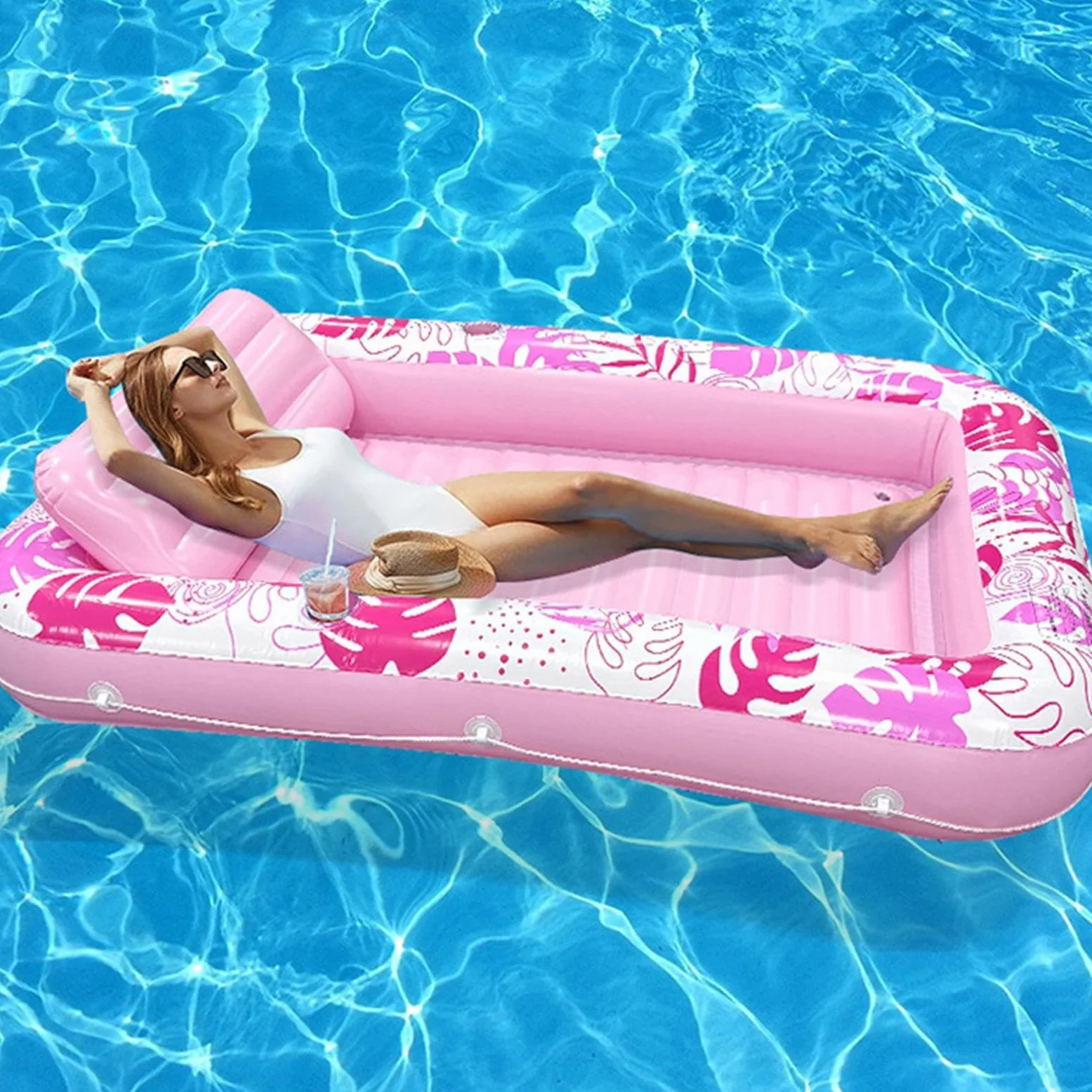 Flotadores Acuáticos Balsa Inflable Exterior con Patrón Hoja Monstera | Flotador Tumbona Para Piscina Adultos Para Vacaciones, , Playa, Lago, Río, Descanso, Reuniones De Fin De Semana