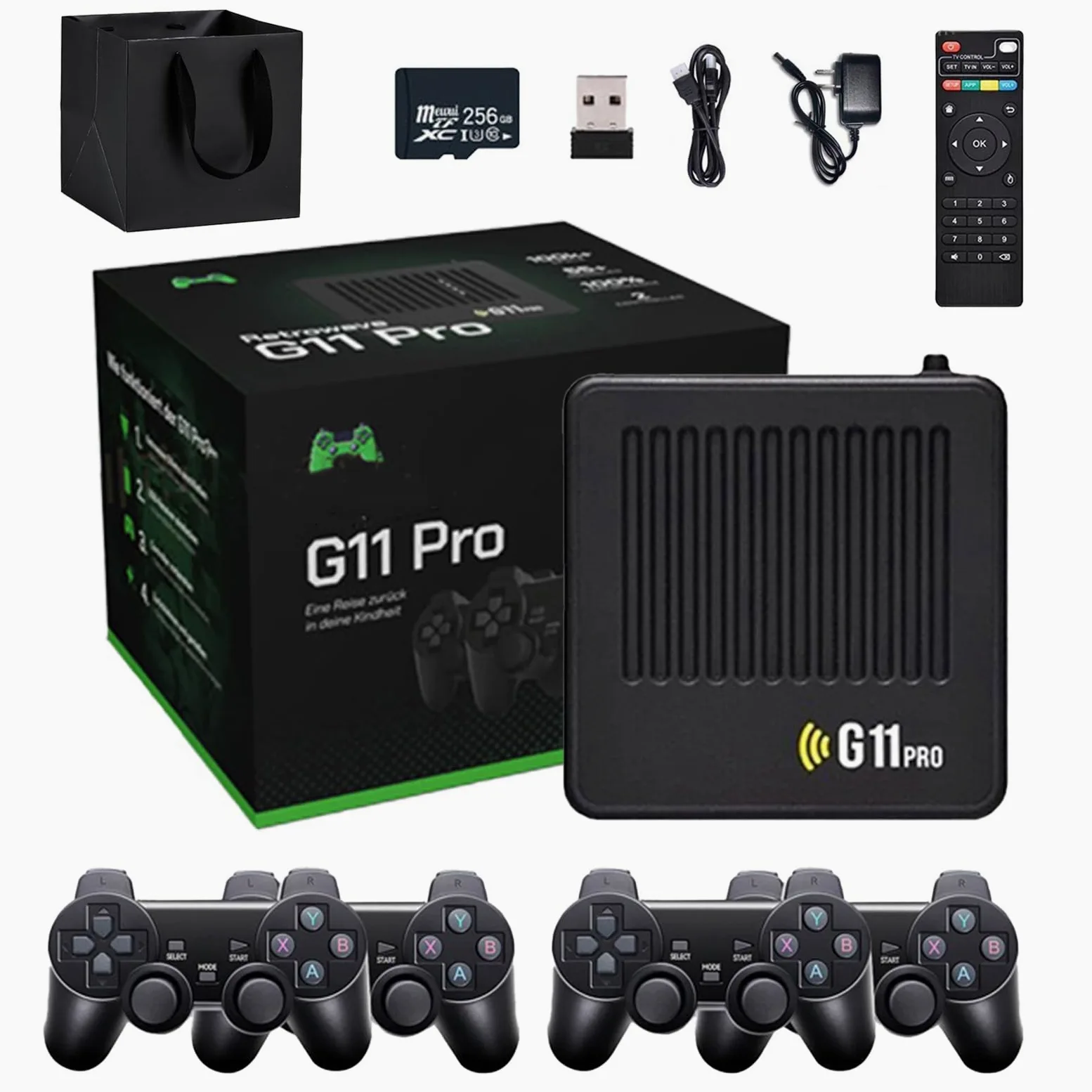G11 Pro Game Box, All8bit G11 Pro 100000 Games, 2.4G Wireless Dual Controller, 100,000 Retro Games, Plug and Play Video Games, Comes with 4 Wireless Dual Controllers (256G（4 Handles）)