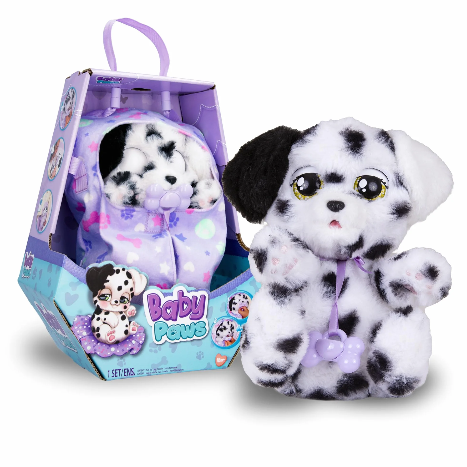 BABY PAWS Sleeping Puppies Dálmata- Peluche Interactivo con Sonidos que Abren y Cierran los Ojitos e Incluyen una Bolsita-Manta-Regalo óptimo para Niños y Niñas +3 Años
