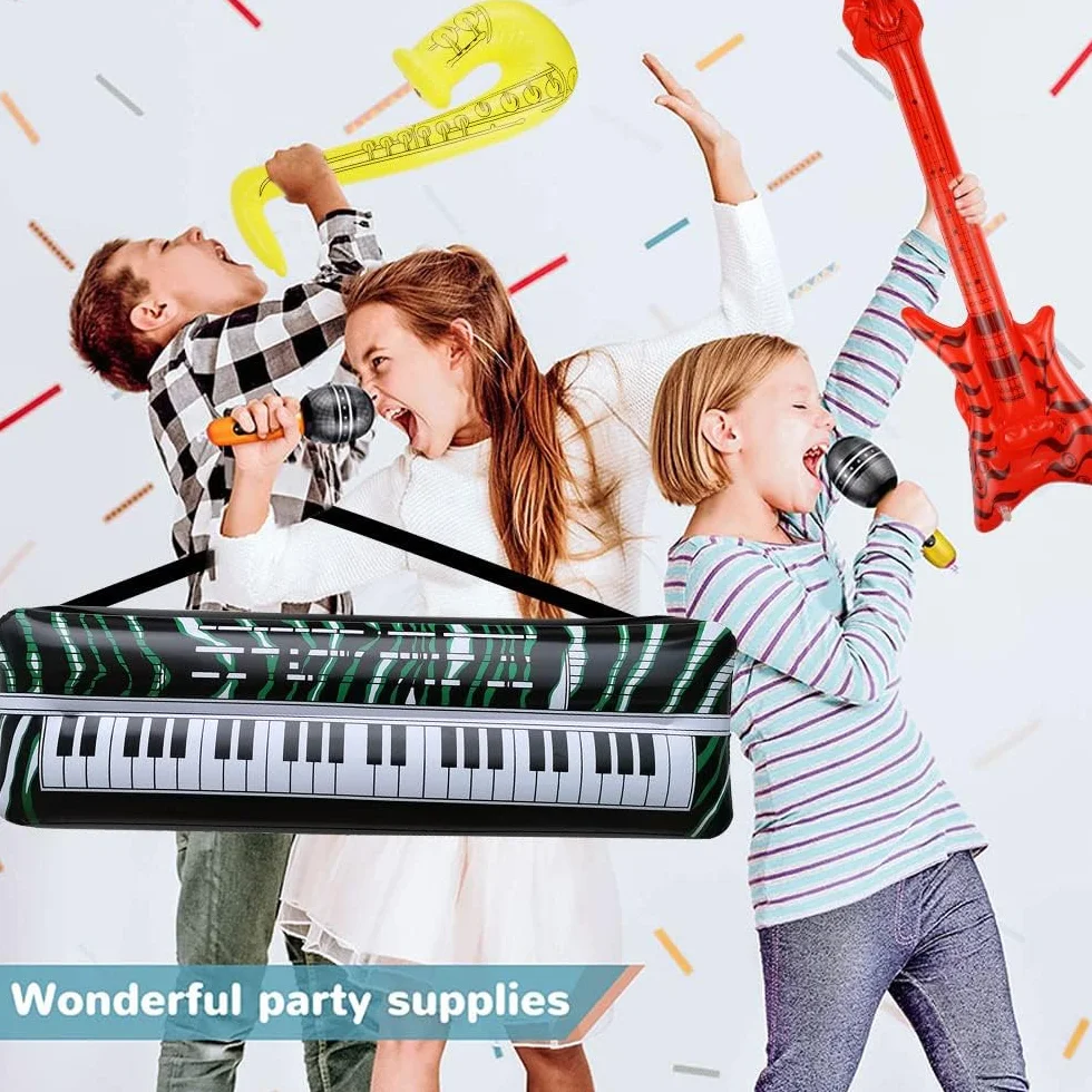 16 Piezas Instrumentos Inflables Rock Colorido Inflable Guitarra Micrófonos Saxofón Inflable Piano Inflable Bajo Inflable Gafas de Radio + Bomba de Aire para Celebraciones Carnaval