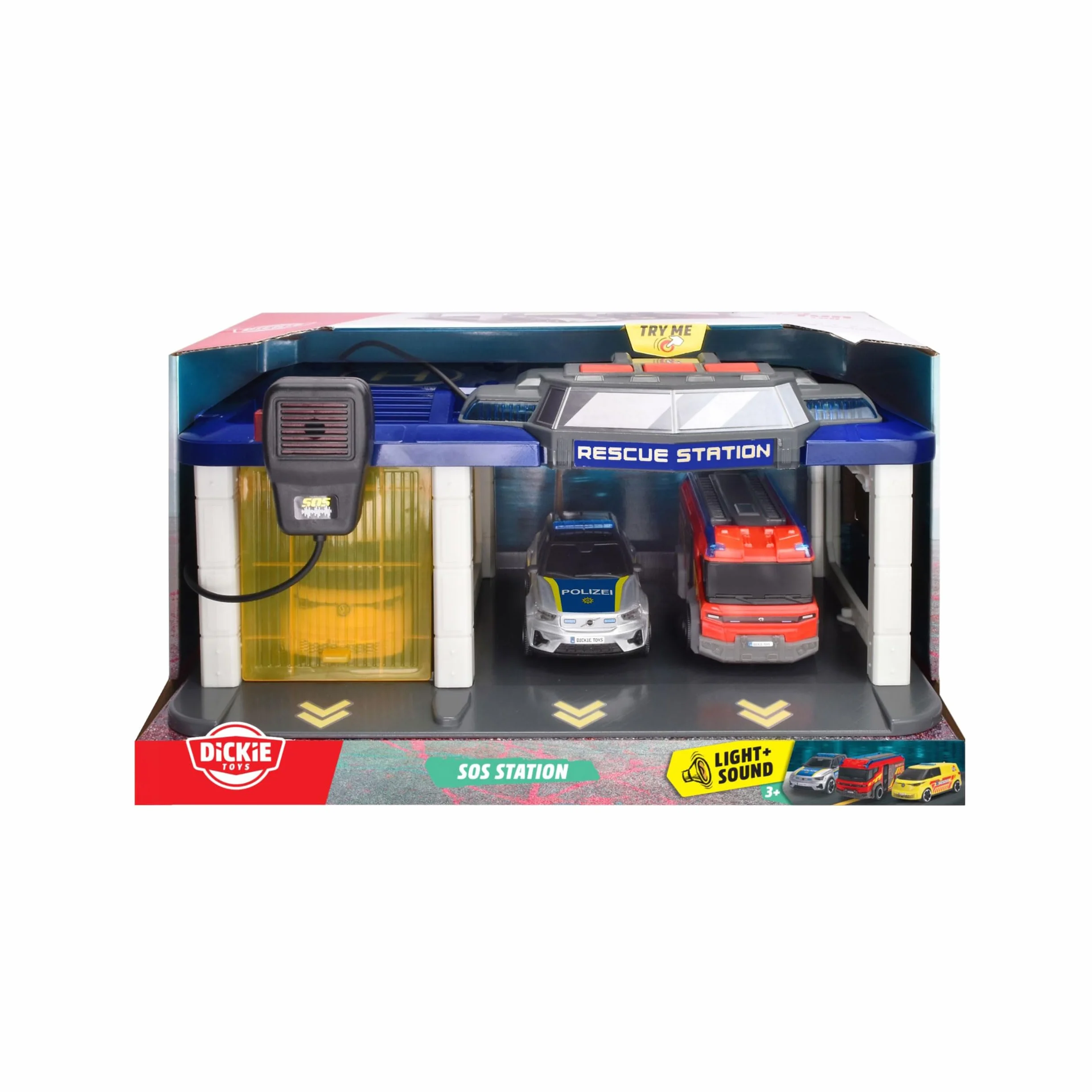 Dickie Toys - S.O.S Station para niños a Partir de 3 años (31 x 22 cm) con 3 Coches de Juguete (Coche de policía, Ambulancia, camión de Bomberos), estación de Bomberos y policía con luz y Sonido