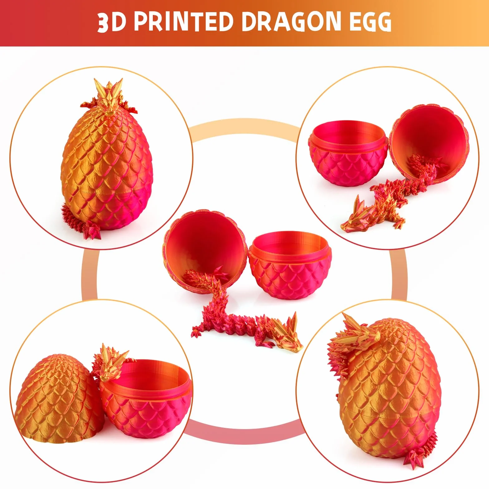 dellyy Dragón Articulado Impreso en 3D, Huevo Dragón Impreso en 3D, Misterioso Dragón de Cristal, Huevos de Dragón con Dragón en El Interior, Juguetes de Dragones en 3D (Rojo y Dorado)