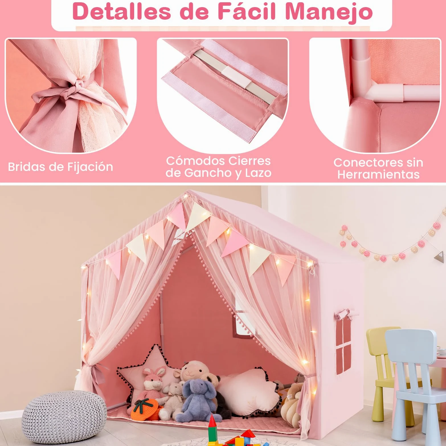 COSTWAY Tienda de Campaña Infantil, Tienda Tipi Infantil con 2 Cortinas de Tela y Malla, Luces de Estrellas, 2 Ventanas Transpirables, Almohadilla de Algodón, Casita Niños Tela para 3-4 Niños (Rosa)