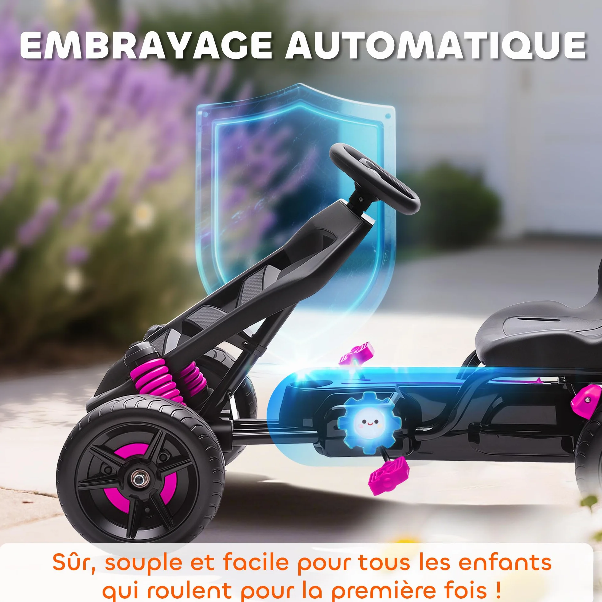 AIYAPLAY Kart a pedales para niños, karting infantil con embrague automático, freno, ruedas de EVA antideslizantes, avanzar y retroceder, coche a pedales para niños de 3 a 6 años, rosa