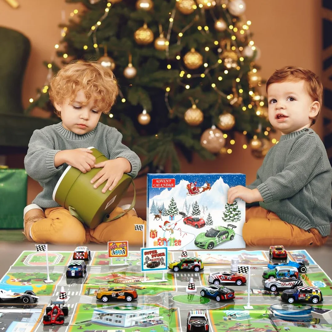 Sprinlot Calendario Adviento Coches, Juguetes de Carreras con Medalla Señales de Tráfico, Calendario Adviento Niños, Calendario de Cuenta Regresiva, Navidad Regalo para Niños Niñas