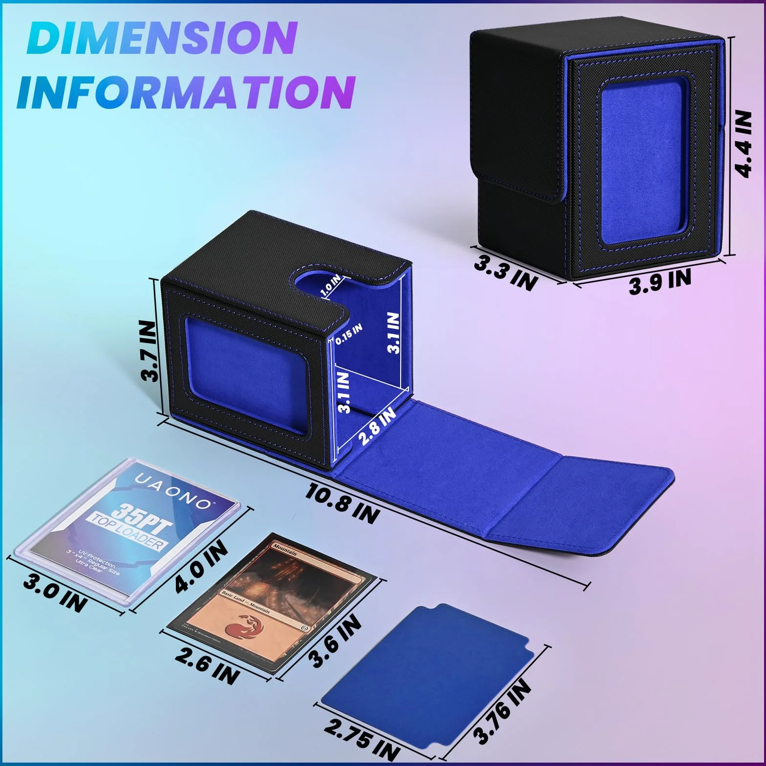 UAONO Caja de cartas con pantalla MTG Commander, funda para más de 100 tarjetas de doble manga, caja de almacenamiento de tarjetas coleccionables para TCG/PTCG/Sports con 2 divisores, 1 cargador