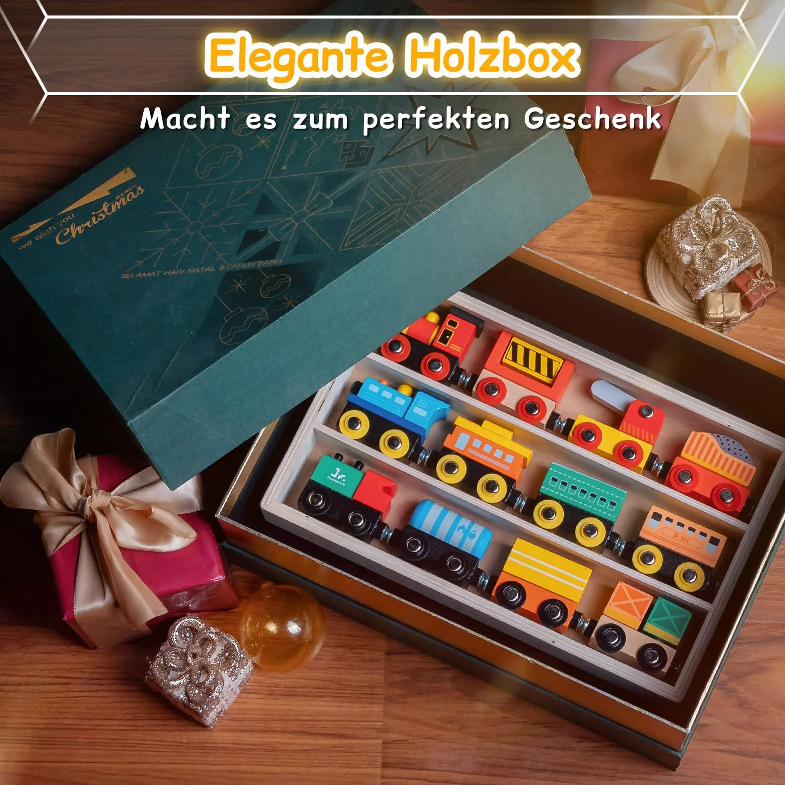 SainSmart Jr. Wooden Train Set 12 PCS - Train Toys with Storage Box, Magnetic Toy Trains Compatible with All Major Brands, Gift for Toddlers, Boys and Girls Aged 3+