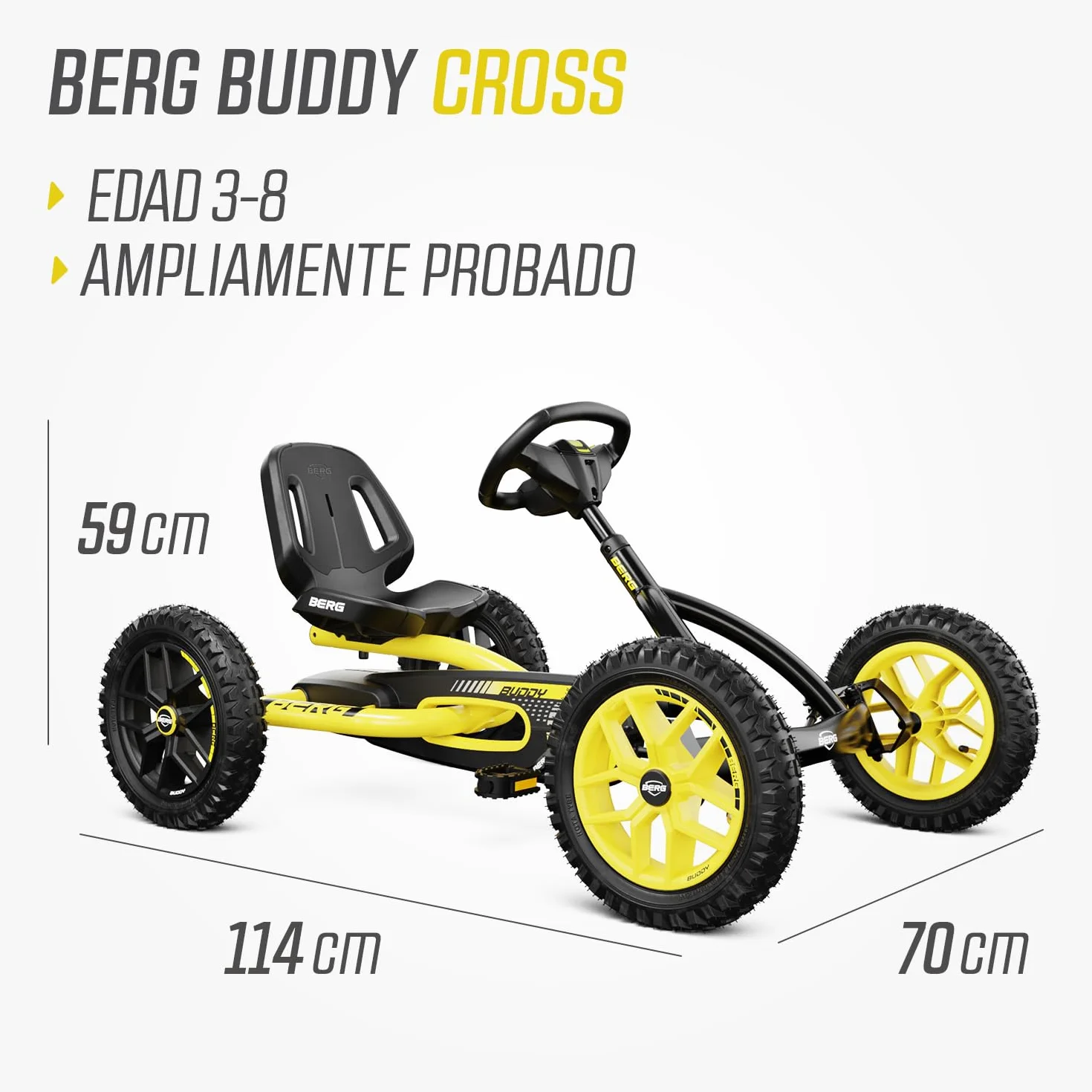 BERG Kart a Pedales Buddy Cross | Amarillo, 3-8 años, cuadro resistente, asiento regulable, volante regulable