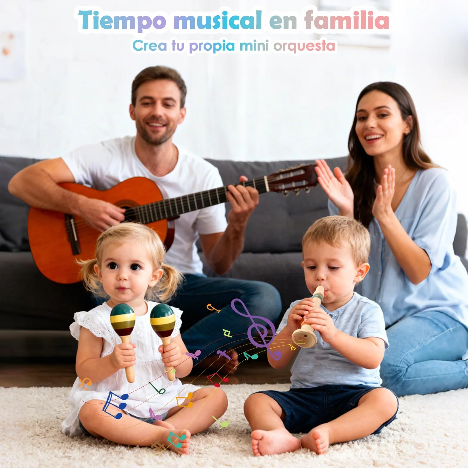 Instrumentos Musicales de Madera para Niños de 3 4 5 Años, Set Montessori de 12 Piezas con Xilófono, Pandereta, Maracas, Triángulo y Güiro, Percusión Infantil
