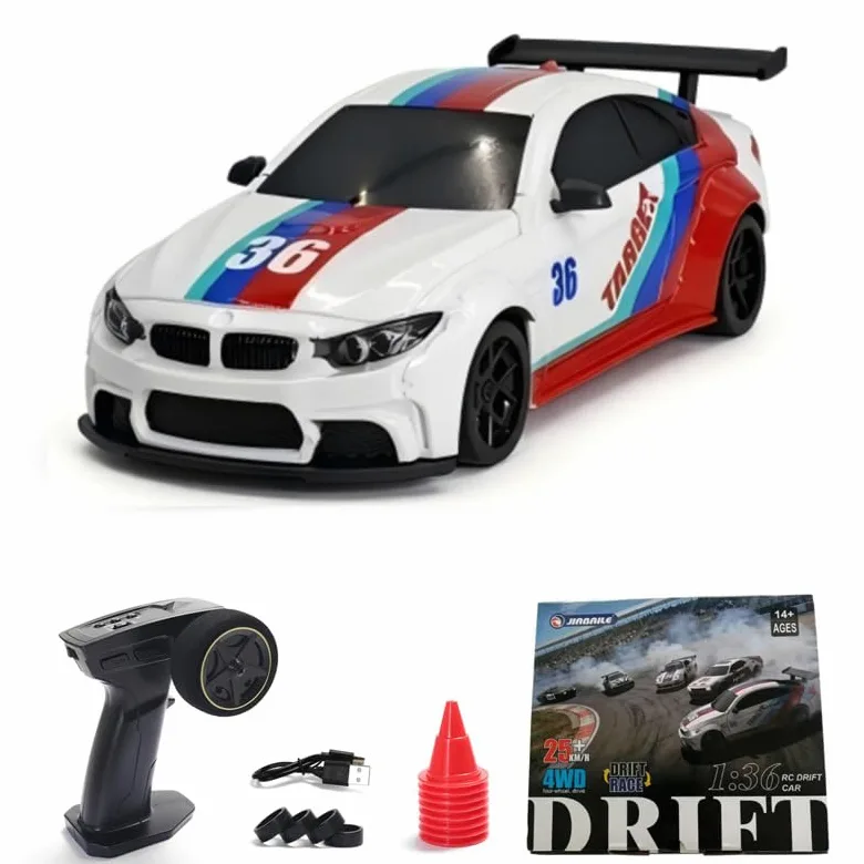 Coche RC Drift 1:36 con tracción a las cuatro ruedas, control proporcional y luz | Mini drifter de 25 km/h con chasis de carbono, neumáticos intercambiables e iluminación funcional (3611A)