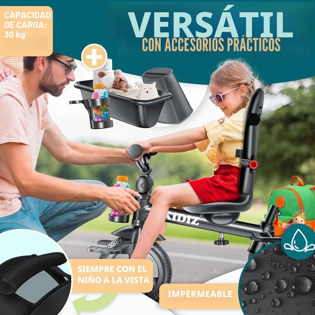 KIDIZ® Triciclo 5 en 1 para niños con barra de empuje sistema de dirección, barra para niños de 1 año, funciona en ambos sentidos: adelante e inverso, bolsa, cesta, soporte de la bebida
