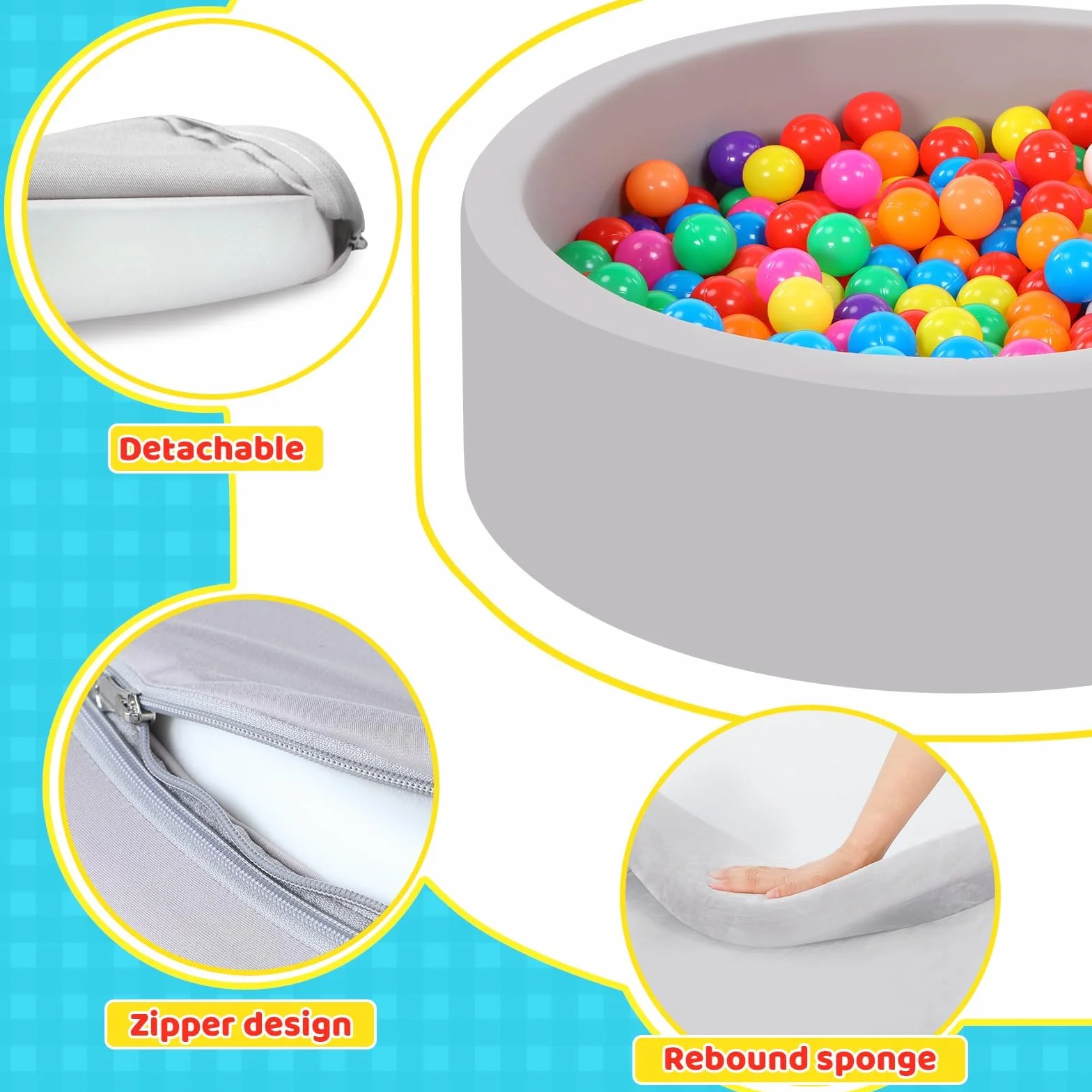 Piscina de bolas para bebés con 100 bolas tricolores, Bolas para piscina de bolas para bebés con bolas de plástico incluidas Piscina de bolas redonda suave plegable grande para niños pequeños Interior